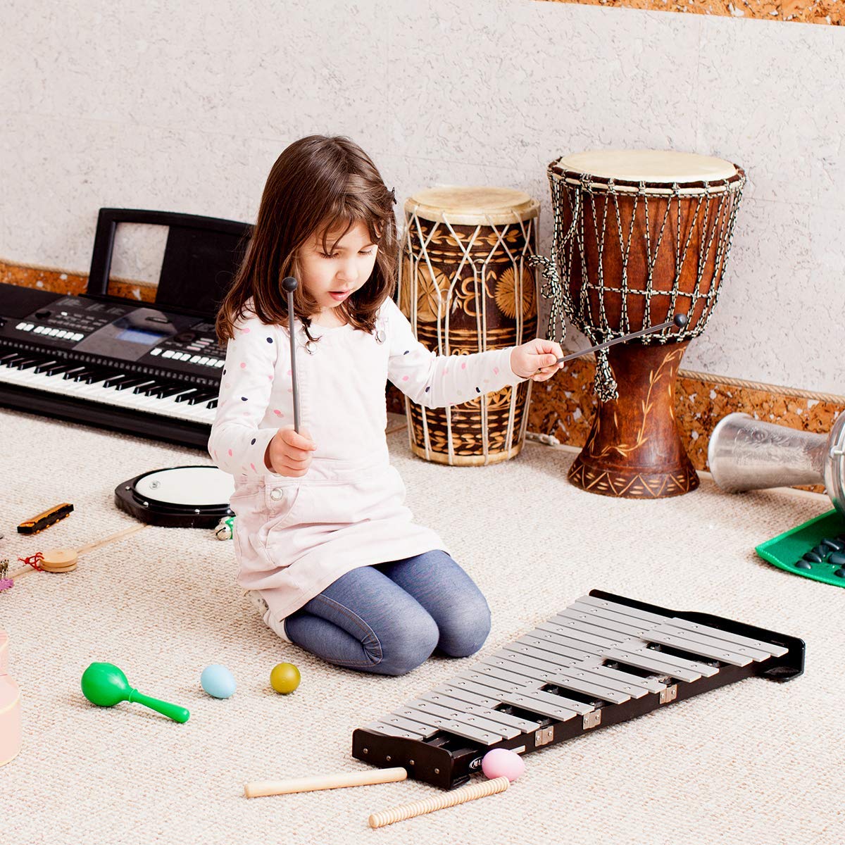 Giantex 30-Note Percussion Glockenspiel Bell Kit with Carry Case, Practice Pad, Adjustable Stand, Mallets & Wooden Sticks - Complete Xylophone Instrument Set for Kids, Beginners & School Music Classrooms (Perfect for Home Practice, Band Performances & Music Education)