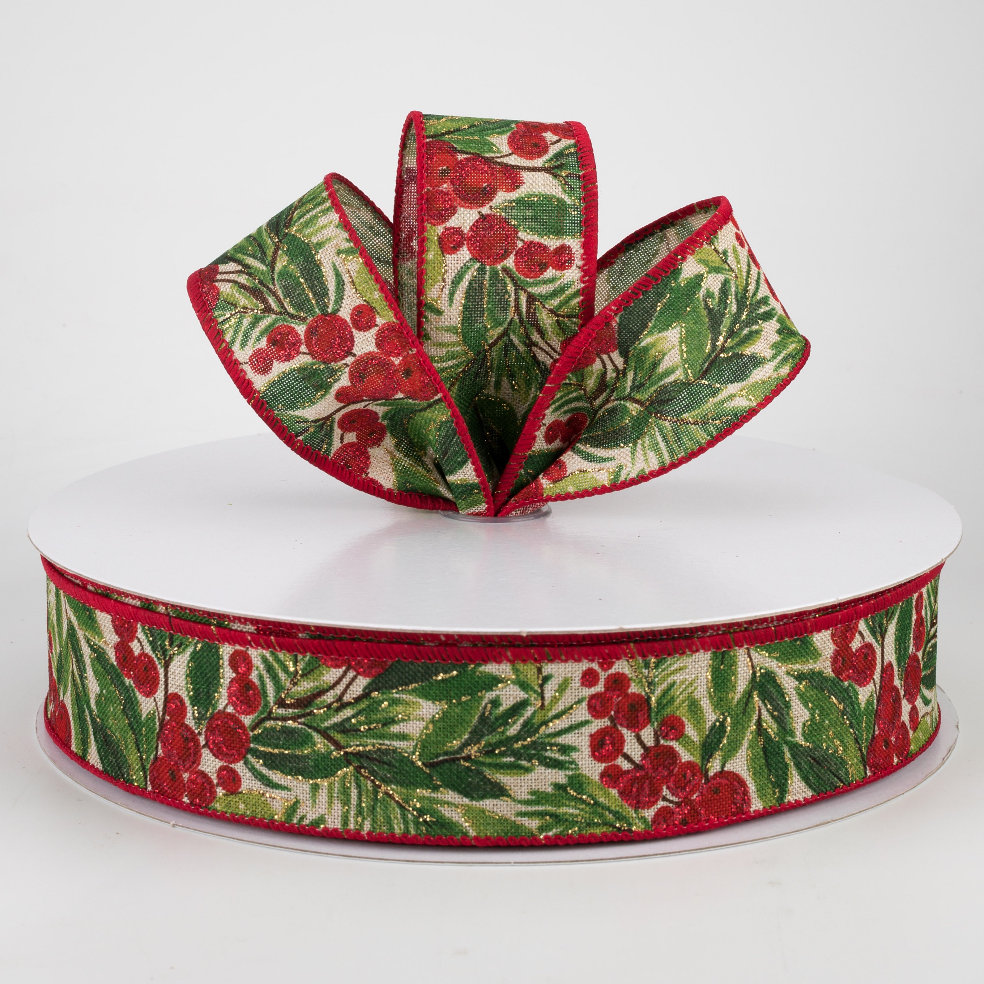 1.5 Inch Glittered Holiday Berry Ribbon - Natural Red Christmas Decoration Ribbon (50 Yards) for Gift Wrapping, Tree Trimming, and DIY Crafts
