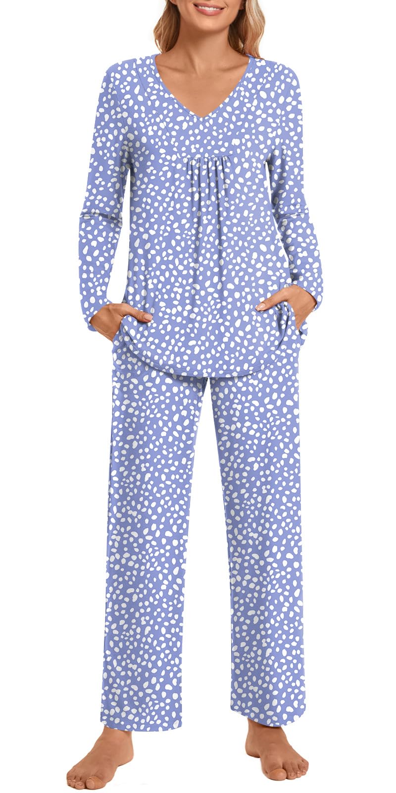 POPYOUNG Women's Fall Pajama Sets - 2 Piece V-Neck Long Sleeve Sleepwear & Lounge PJS for Cozy Nights, Relaxing at Home, and Gift Giving