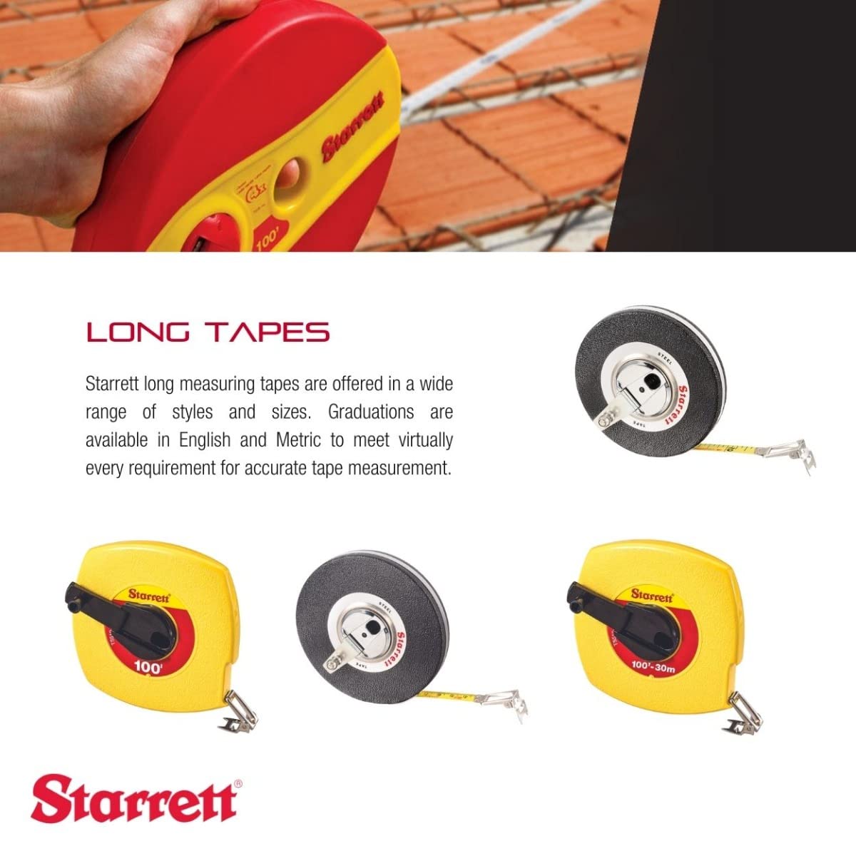 Starrett 30m Closed Reel Long Line Tape Measure with Nylon Rollers & Rewind Mechanism - 3/8