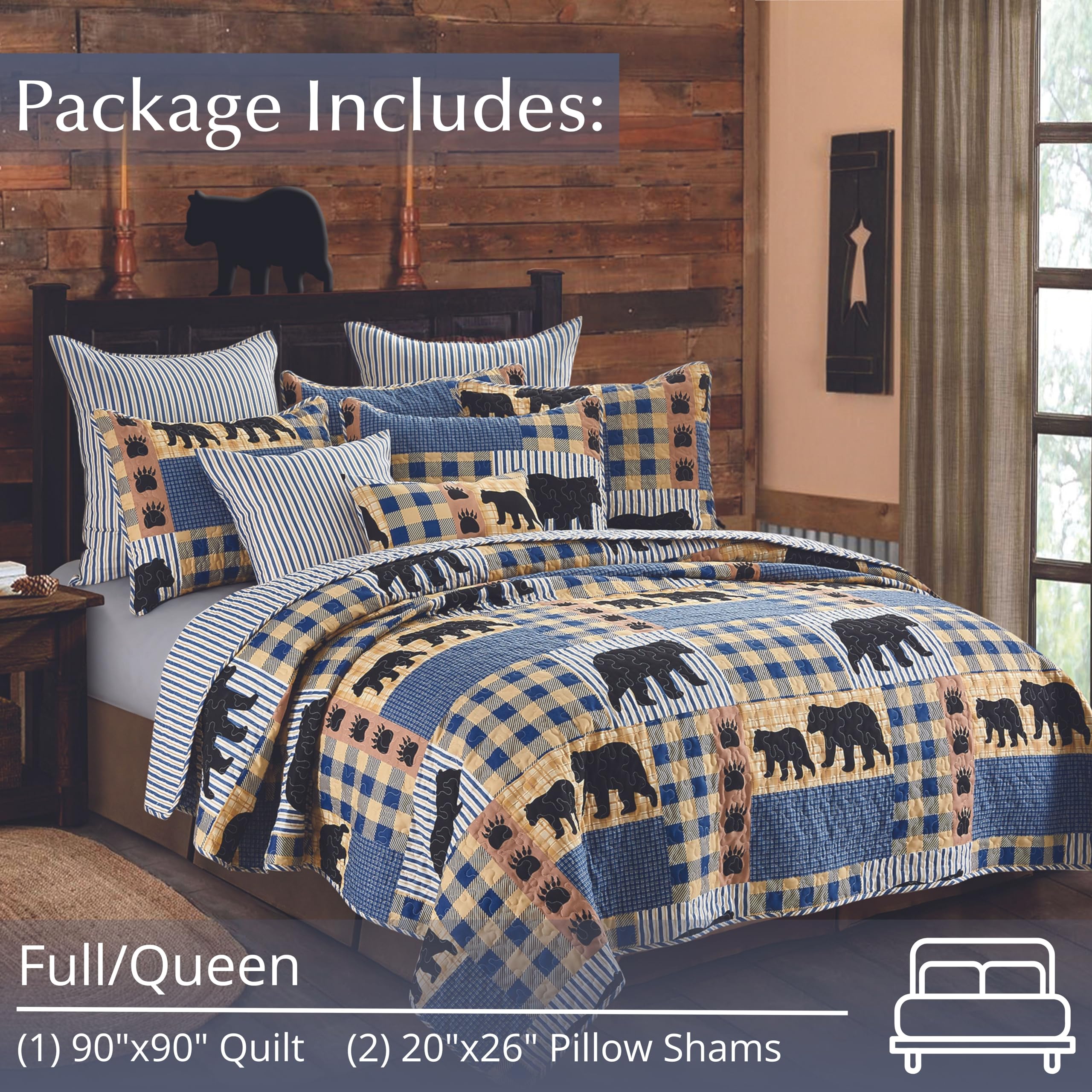 Virah Bella 3-Piece Queen Lodge Quilt Bedding Set - Black Bear Plaid Pattern - Rustic Cabin Reversible Comforter with Decorative Pillow Shams (Blue/Black) | Perfect for Country Homes, Hunting Cabins & Cozy Camping Retreats
