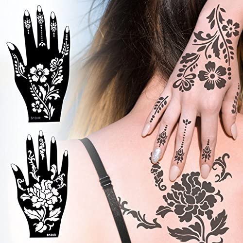 10 Sheets Henna Tattoo Stencils Kit - Temporary Indian & Arabian Body Art Designs for Hands & Feet with Glitter Pen - Perfect for Festivals, Weddings & DIY Body Painting