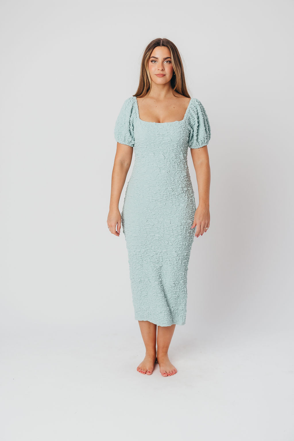 Blakeley Textured Midi Dress - Seafoam Green Bump Friendly Maternity Dress for Women | Perfect for Baby Showers, Maternity Photos & Everyday Wear