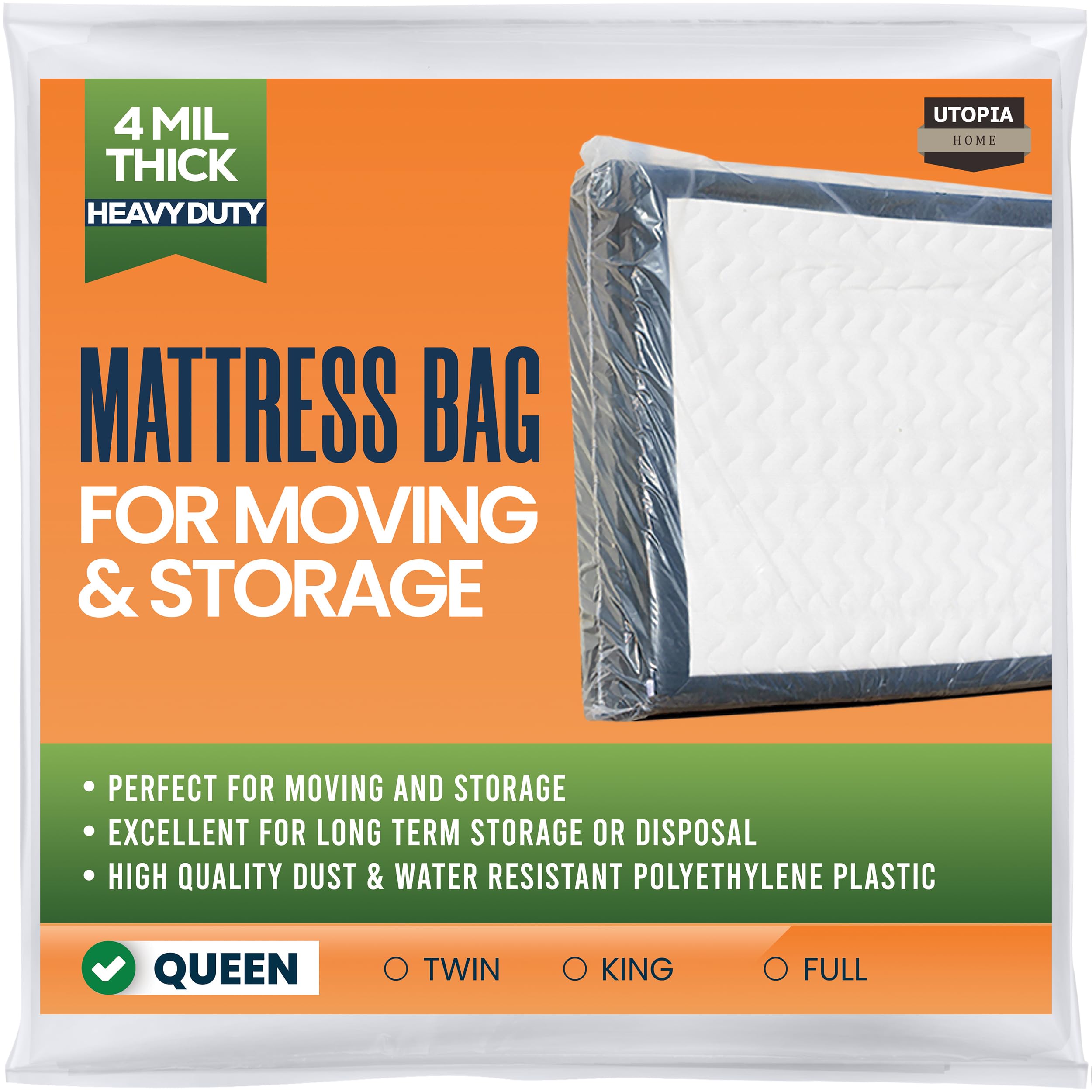**Utopia Home Queen Size Mattress Bag for Moving - 4 Mil Heavy Duty Plastic Storage Cover Protects Mattresses up to 14 Inches - Perfect for Moving, Storage & Travel**