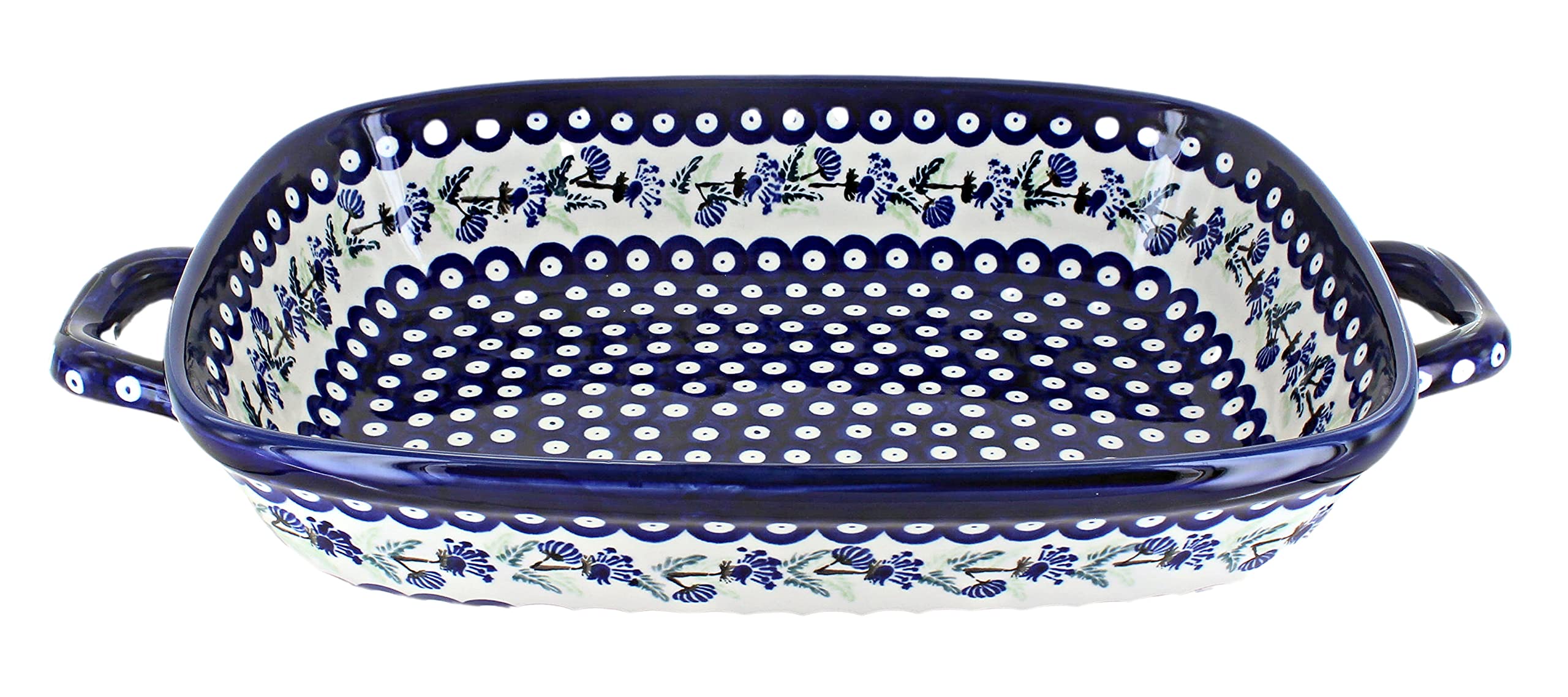 Handmade Blue Rose Polish Pottery Sweet Annie Large Baker with Handles - Perfect for Baking, Serving & Farmhouse Kitchen Decor