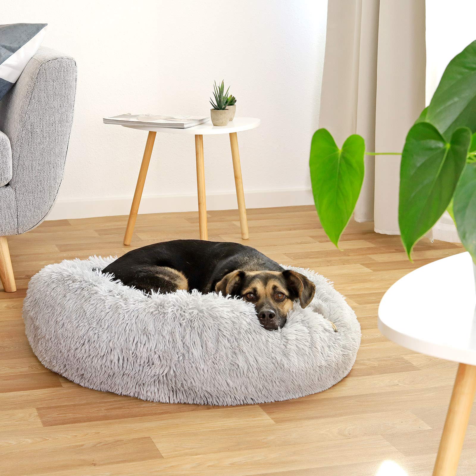 Fluffy Round Donut Pet Bed for Dogs & Cats - Soft Plush Cuddling Bed with Extra Thick Filling, 27.6 Inch Cozy Dog & Cat Bed for Small to Large Pets (Light Gray) - Perfect for Living Room, Bedroom & Pet Napping Areas