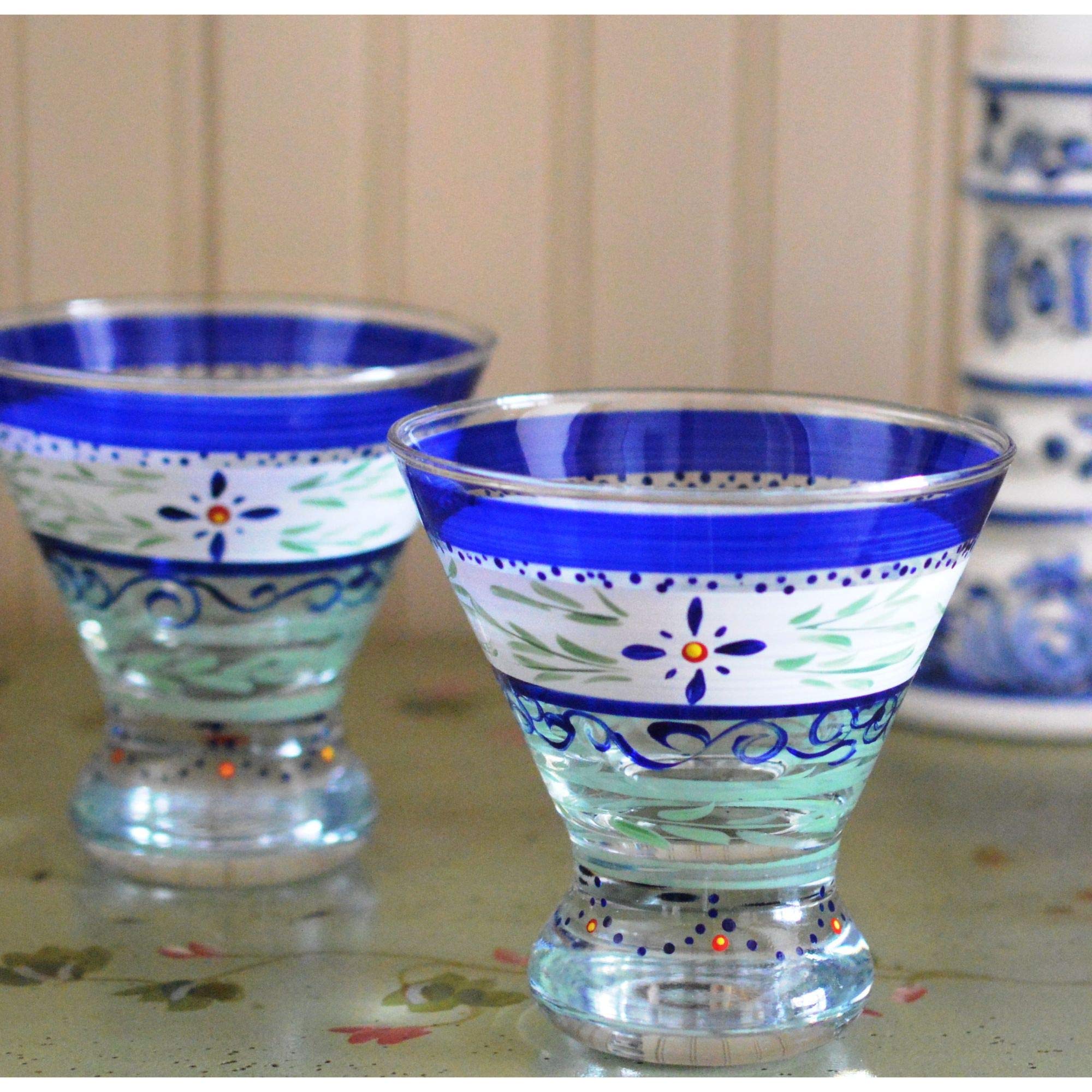 Set of 2 Blue Floral Hand Painted Cosmopolitan Wine and Dessert Glasses - 8.25 oz Elegant Glassware for Cocktail Parties, Bridal Showers & Home Decor