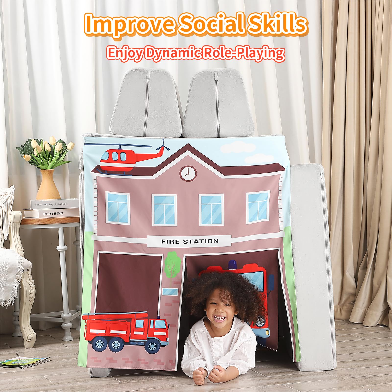 Kids Foam Play Couch with Play Panels - Fire Station Design for Toddlers & Children | Perfect for Indoor Playrooms, Daycare Centers & Birthday Parties