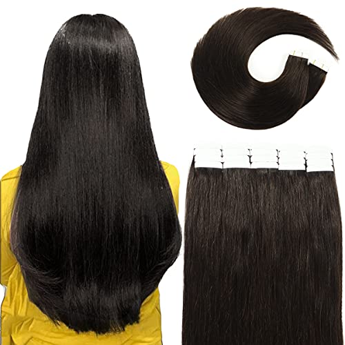 VINBAO Tape in Hair Extensions 20pcs - 100% Real Human Hair, Brazilian Straight, 18 Inch, 1B Off Black - Seamless Skin Weft for Natural Look - Perfect for Daily Wear, Parties & Special Occasions