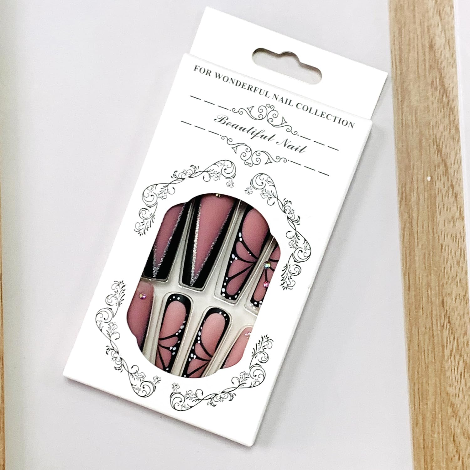 Long Coffin Press on Nails - Black Glossy Full Cover Acrylic False Nails with Rhinestone & Butterfly Designs - Extra Long Square Ballerina Fake Nails with Glue - Stick on Artificial Fingernails for Women - Perfect for Parties, Weddings & Special Occasions