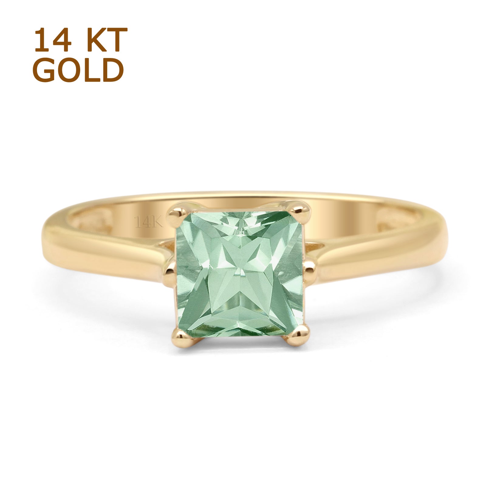 14K Yellow Gold Princess Cut Solitaire Natural Green Amethyst Prasiolite Ring for Women - Elegant Birthstone Jewelry Gift for Anniversary, Engagement & Special Occasions