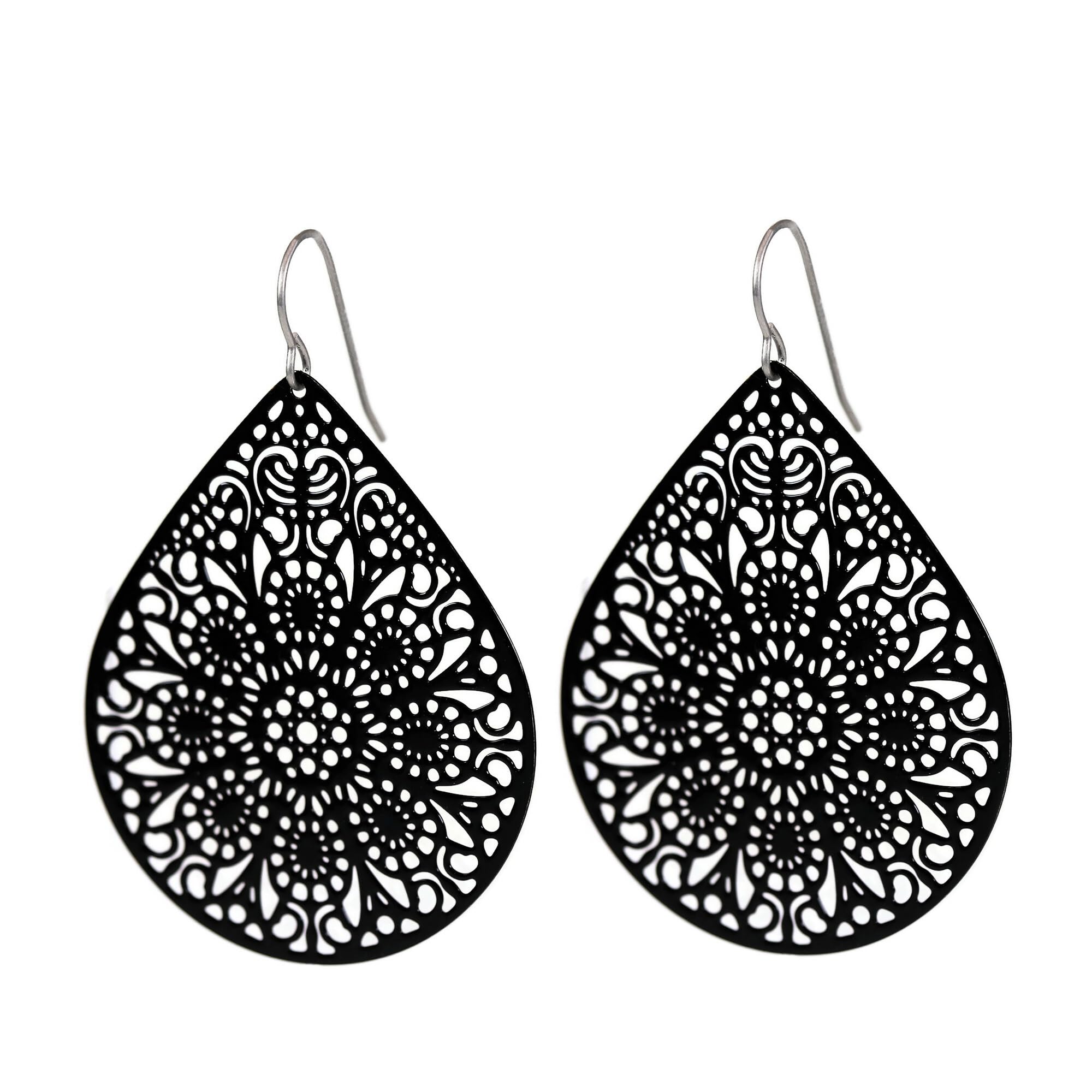 Lightweight Black Lace Cutout Dangle Earrings with Hypoallergenic Titanium Hooks - Elegant Teardrop Design for Women, Perfect for Parties, Weddings & Evening Events