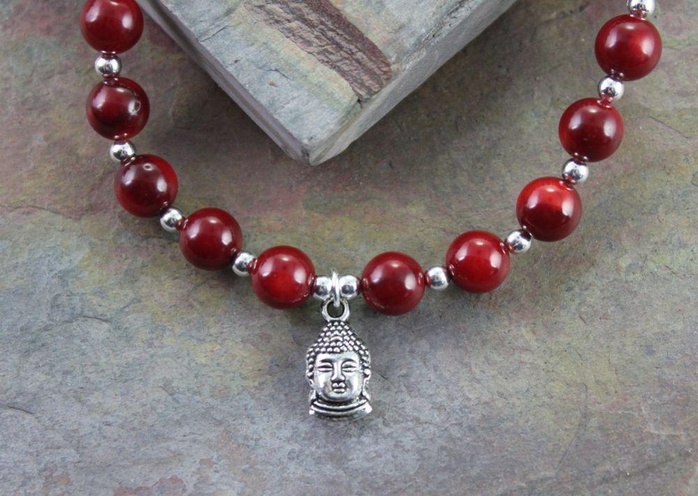 Handmade Coral and Silver Buddha Mala Bracelet - Spiritual Meditation Beads for Yoga, Mindfulness & Buddhist Prayer (108 Beads)