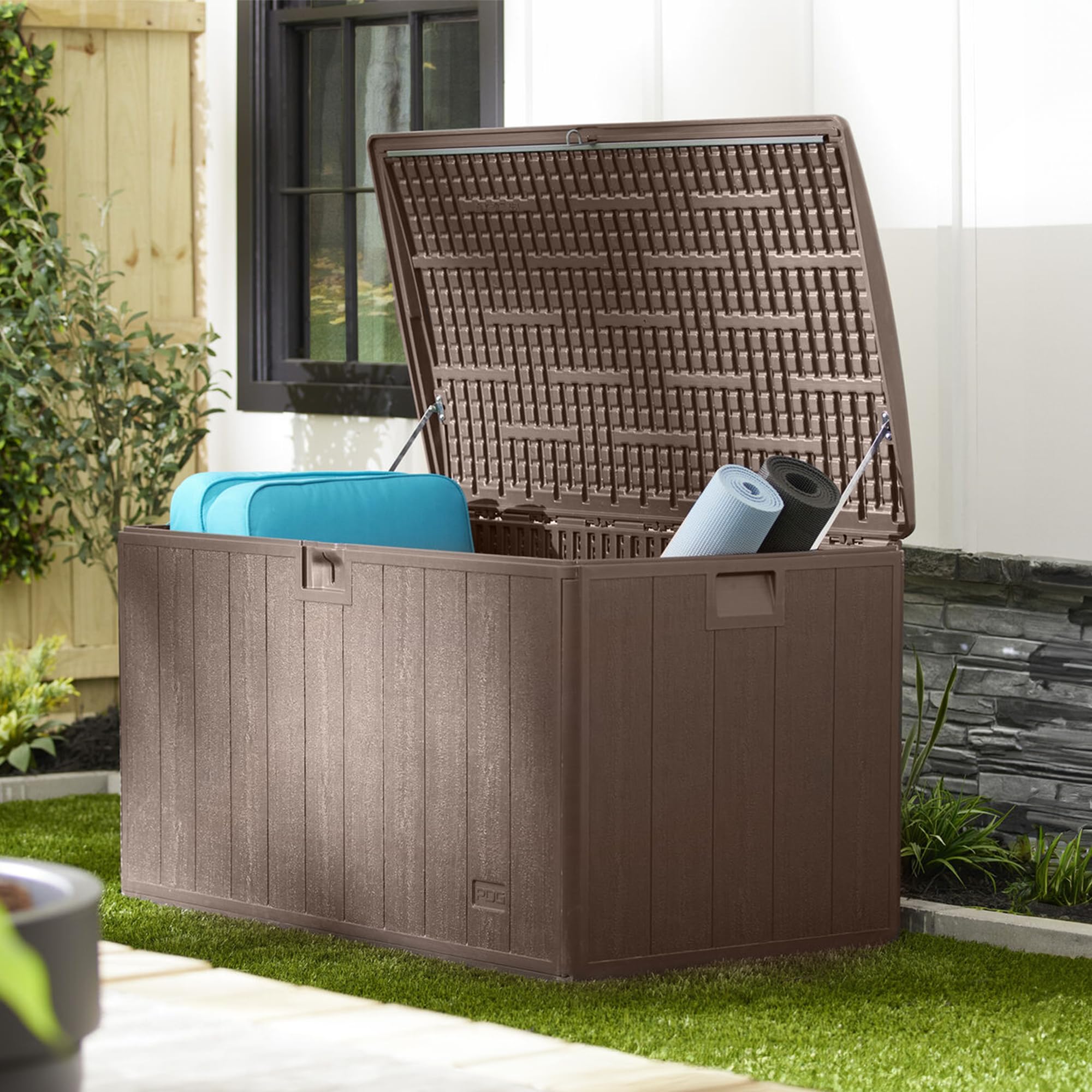 130 Gallon Outdoor Storage Deck Box with Soft Closure - Weatherproof Plastic Deck Box for Patio, Garden & Backyard Organization - Java Brown