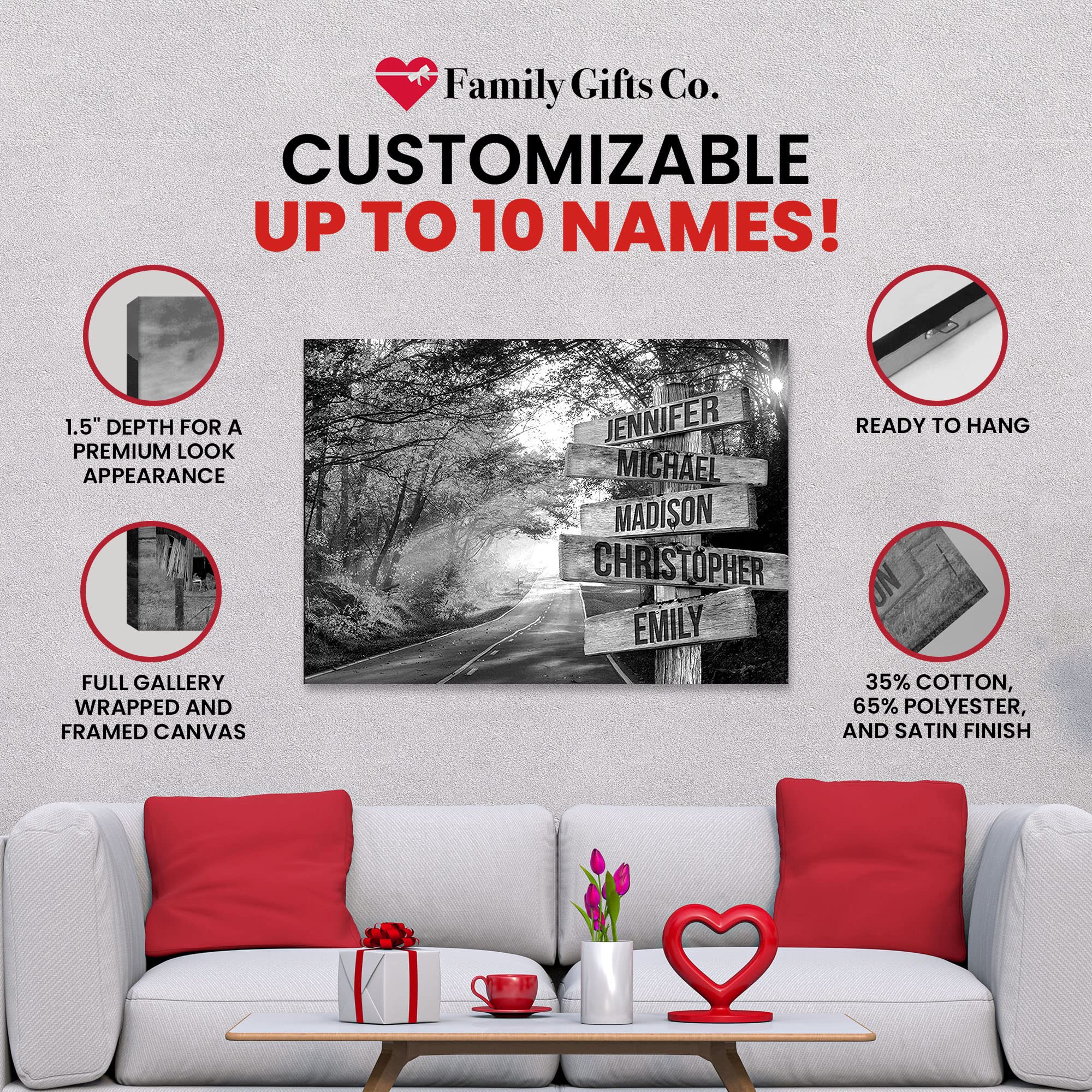 Personalized Autumn Road Multi-Name Canvas Wall Art - Custom Family Photo Gift in Black & White (36x24in) - Perfect for Home Decor, Living Room, Bedroom & Anniversary Presents