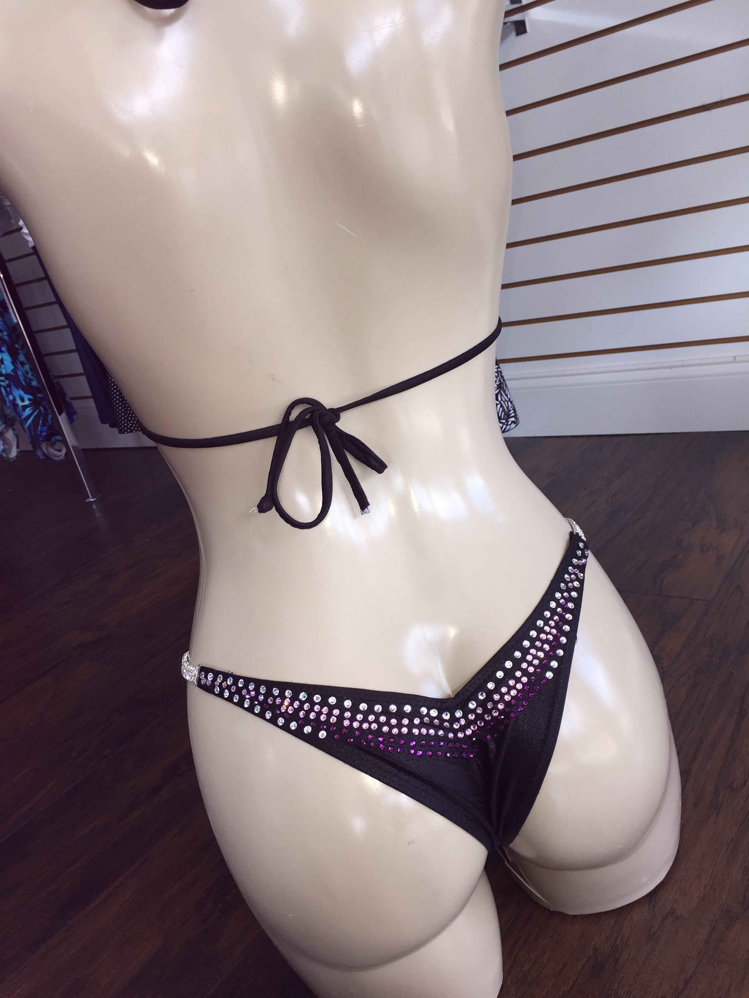 Sexy Black & Purple Crystal Embellished Competition Bikini - High Cut Swimsuit for Women, Dancewear, Bodybuilding, Fitness Shows & Beach Vacations