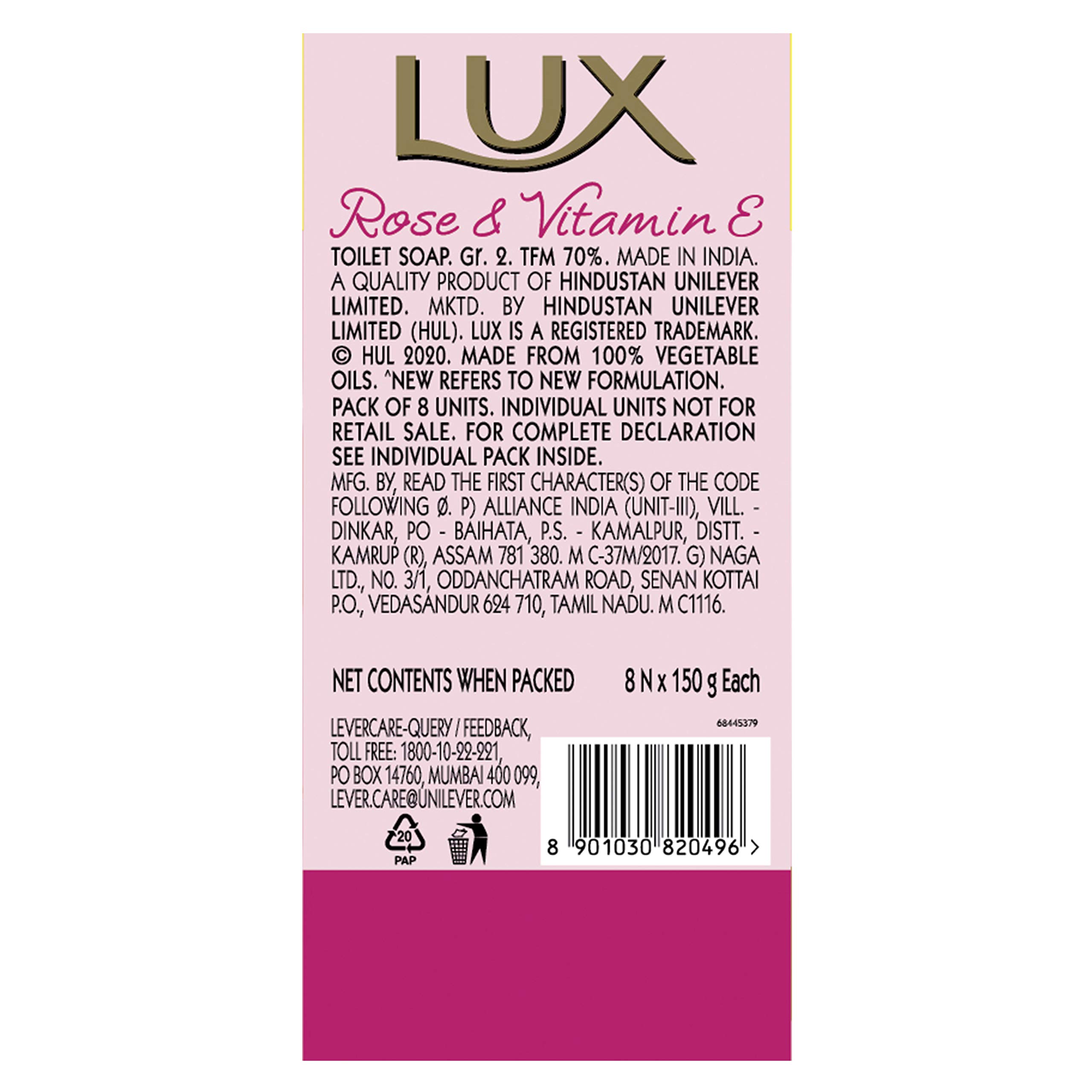 LUX Rose & Vitamin E Beauty Soap Bar 150g (8-Pack) - Moisturizing Bath Soap for Soft, Glowing Skin - Natural Body Wash for Men & Women - Perfect for Daily Skincare & Spa Relaxation