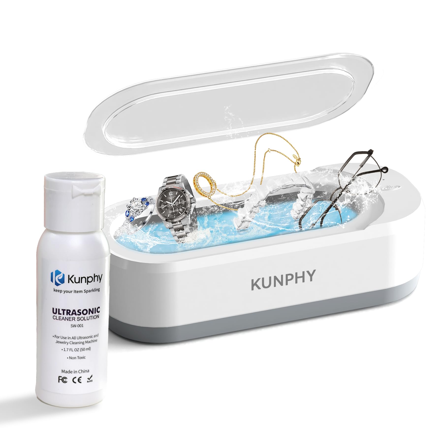 KUNPHY Ultrasonic Jewelry Cleaner Machine - 46KHZ Professional Sonic Cleaner with 12OZ Capacity & 50ml Cleaning Solution - One-Touch Operation for Jewelry, Eyeglasses, Rings, Watches - Perfect for Home, Travel & Jewelry Store Cleaning Needs