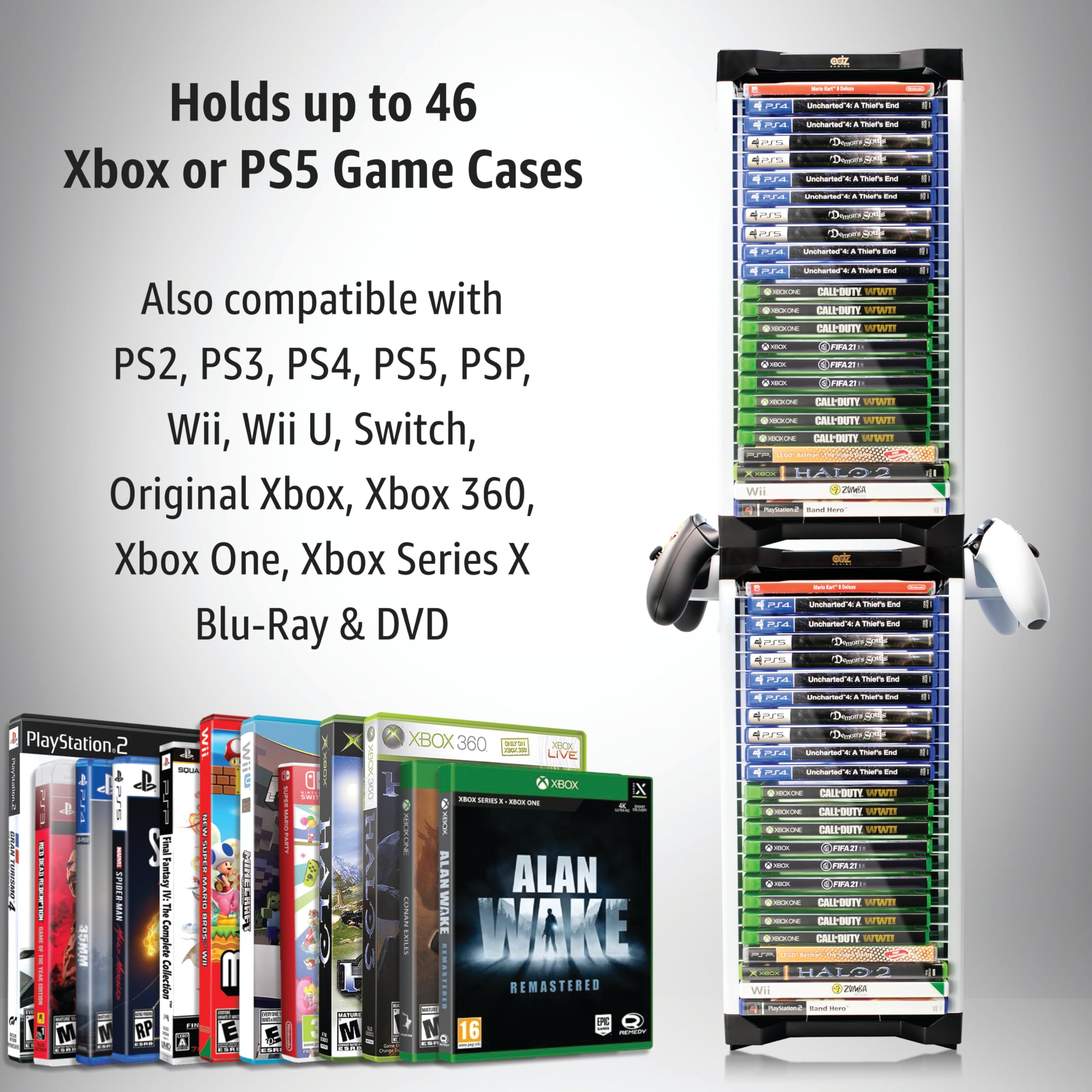 ADZ Universal Game Holder – 46 Game Storage Tower Rack for PS2, PS3, PS4, PS5, PSP, Xbox 360, Xbox One, Series X, Wii & Switch Games, DVDs & Blu-Ray Discs with 2 Controller Mounts - Perfect for Gaming Room Organization & Media Storage