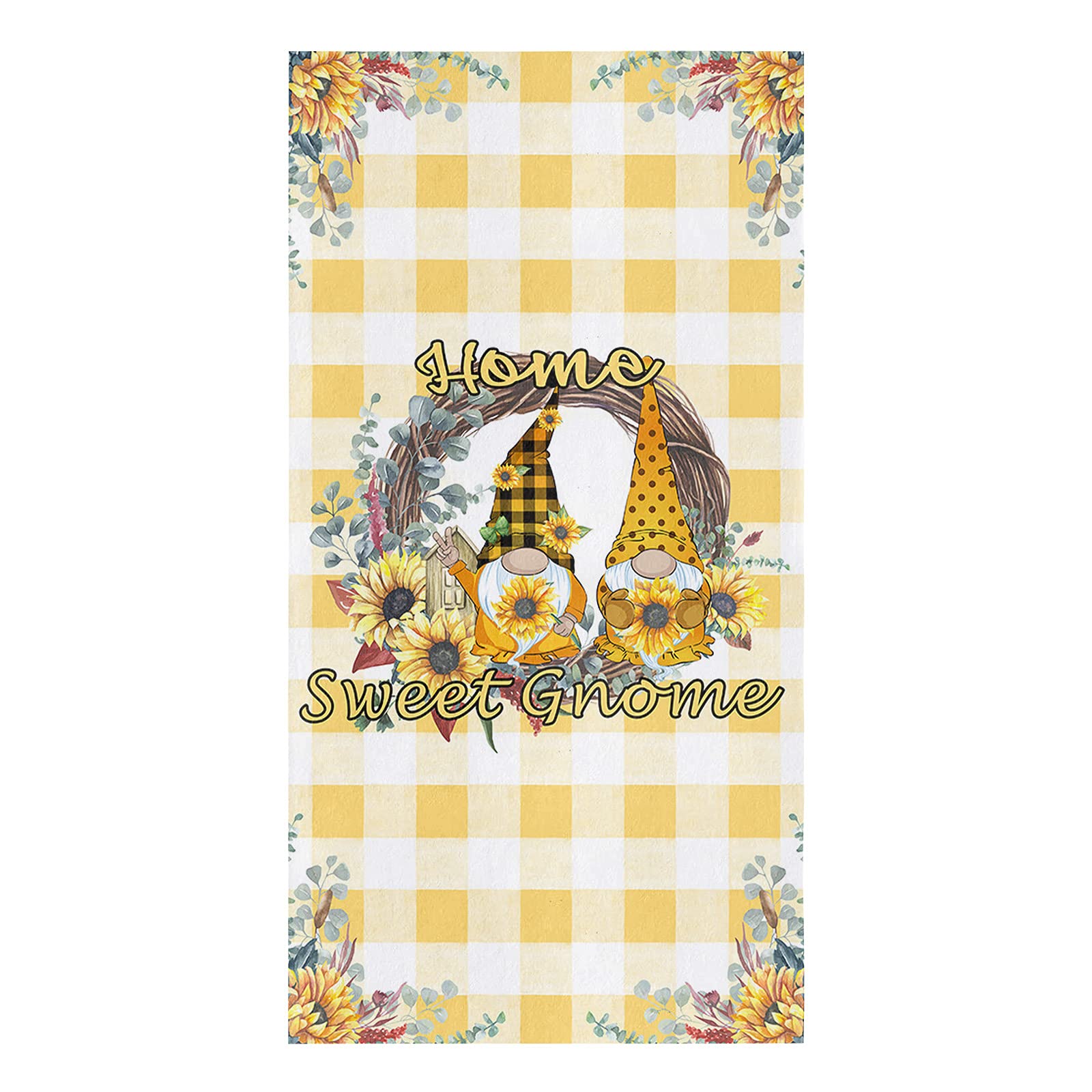 1Pack Microfiber Kitchen Towels - Home Sweet Gnomes Yellow White Buffalo Plaid - Super Absorbent & Quick Drying Dish Towels (18