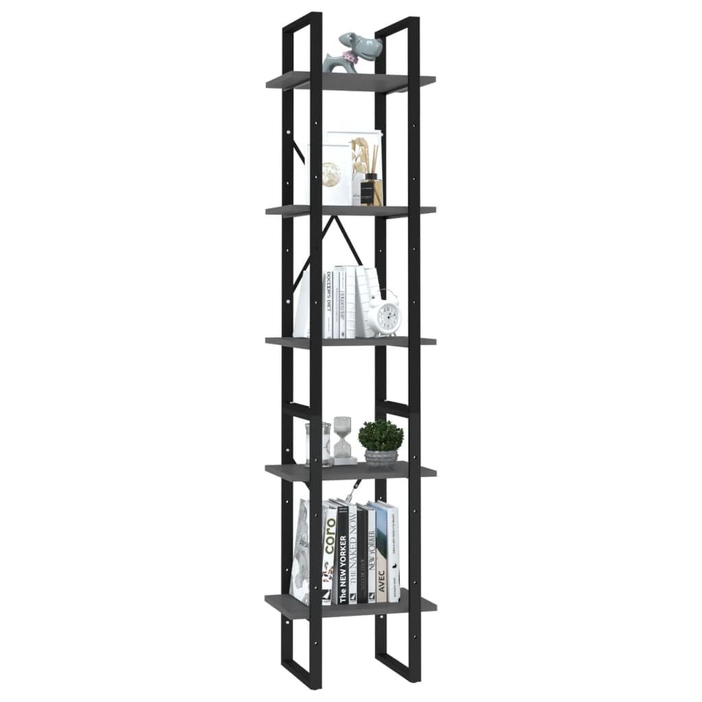 vidaXL 5-Door Bookshelf - Modern Gray Engineered Wood Bookcase with Storage for Office & Living Room | Freestanding Shelving Unit for Home Organization & Display