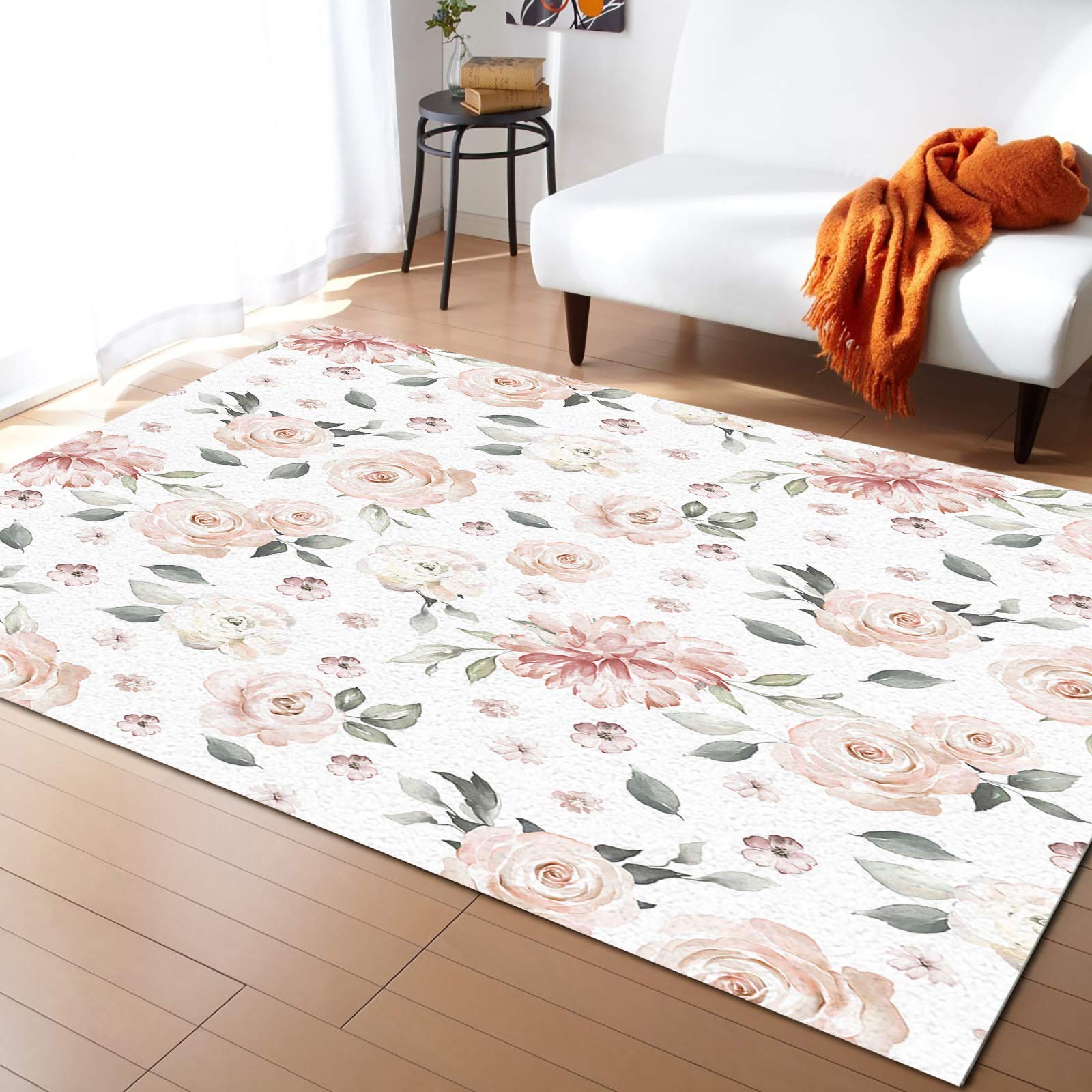 5' x 7' Large Area Rugs - Soft Throw Carpet with Retro Pink Flowers Watercolor Design, Non-Slip Floor Cover for Nursery, Living Room, Bedroom & Kitchen | Perfect for Kids Room Decor, Home Office & Dormitory