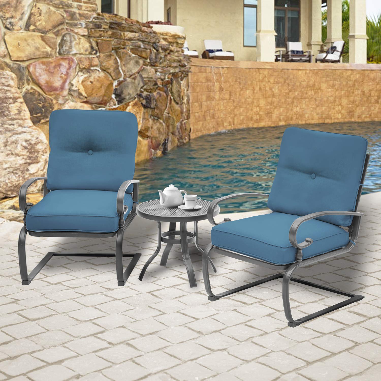SOLAURA 3-Piece Outdoor Patio Furniture Set - Steel Frame Bistro Set with Cushions & Side Table, Peacock Blue - Perfect for Garden, Balcony, and Backyard Relaxation