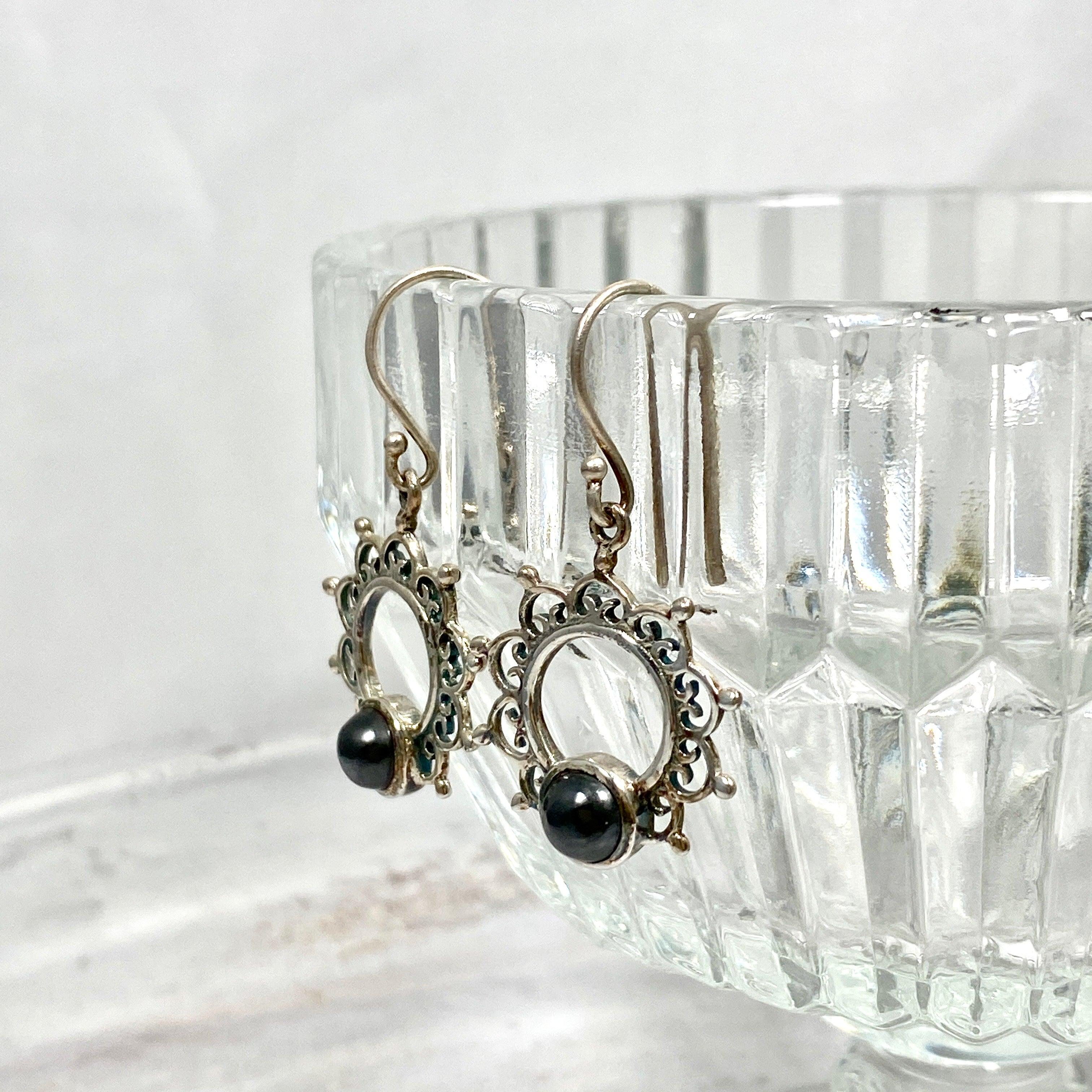 Boho Mandala Hematite Cabochon Earrings for Women – Handmade Dangle Drop Earrings for Yoga, Meditation, and Spiritual Healing – KEGJ569