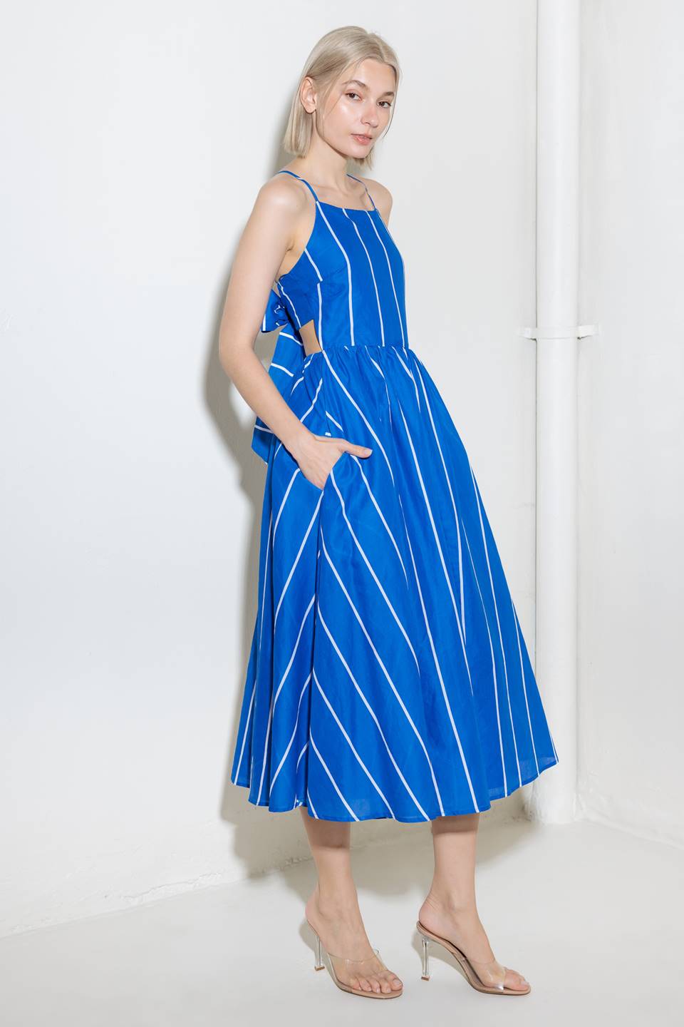 Blue Stripe Tie Back Midi Dress - Elegant Summer Casual Outfit for Beach, Brunch & Date Nights
