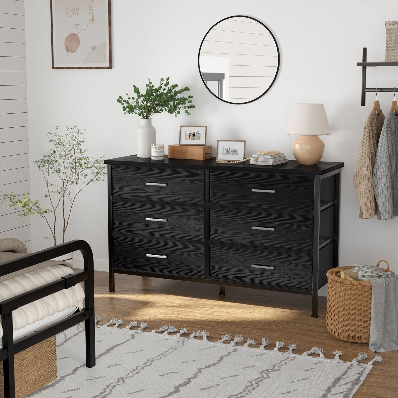 Modern 6-Drawer Wide Black Dresser for Bedroom - Sturdy TV Stand Fits 60