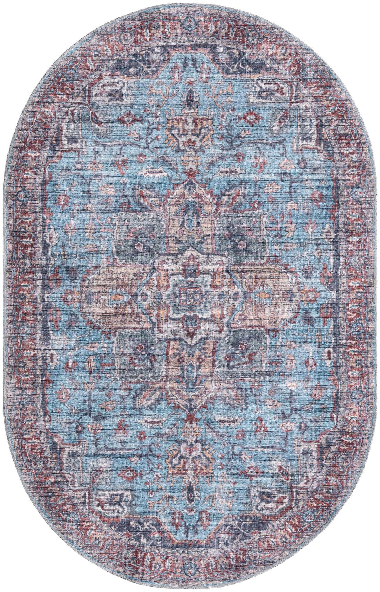 Washable Blue Low-Pile Rug 5' x 8' Oval - Maahru Collection by Rugs.com | Soft & Durable for Living Room, Dining Room, Open Floor Plan | Easy Clean Home Decor for High Traffic Areas