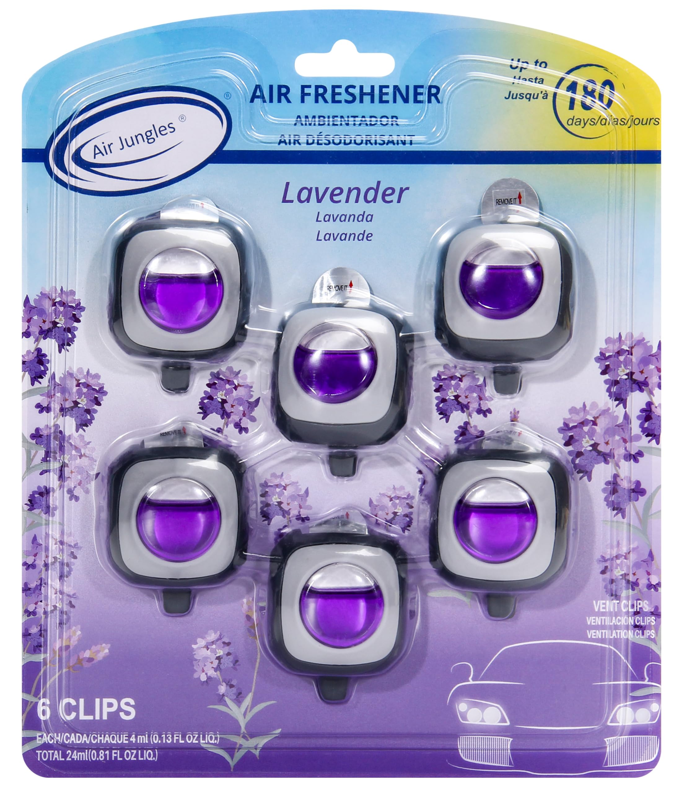 Air Jungles Lavender Scent Car Air Freshener Vent Clips - 6 Pack (4ml Each) | Long Lasting 180-Day Odor Eliminator for Cars, Trucks & SUVs | Perfect for Road Trips, Daily Commutes & Office Parking