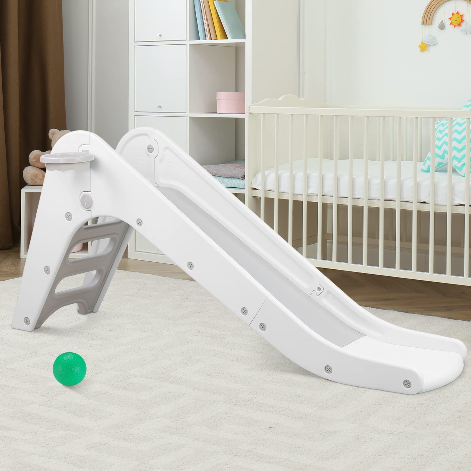 Arlopu Freestanding Kids Slide & Climber with Basketball Hoop - Indoor/Outdoor Toddler Playset for Boys & Girls | Sturdy Playground Toy with Long Slope & Ball | Perfect for Backyard, Birthday Gifts & Daycare Activities (Grey White)