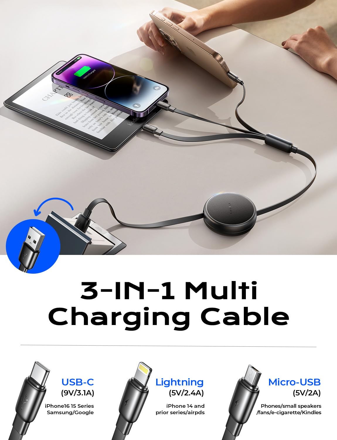LISEN 3-in-1 Retractable Multi Charging Cable - USB C/Lightning/Micro USB Compatible with iPhone 16/15/14 Pro Max, Samsung Galaxy S25, PS5, Kindle - Fast Car Charger & Travel Charger for Phones, Tablets & Gaming Devices | Perfect for Road Trips, Office & Daily Commute