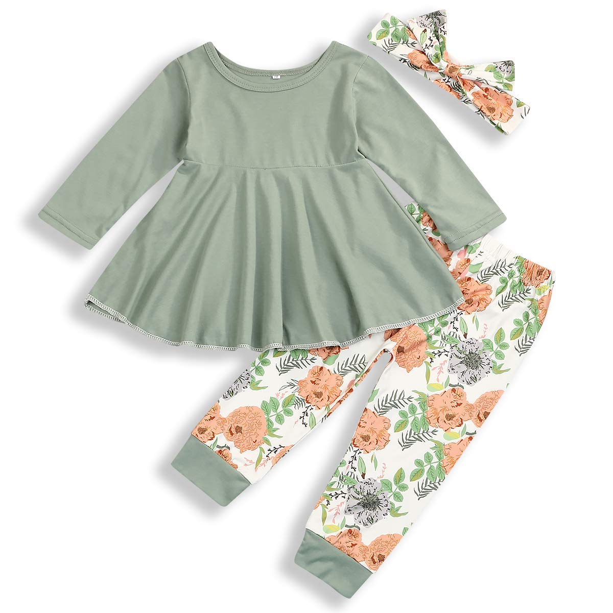 Toddler Baby Girl Outfit Set - Solid Color Ruffle Top & Floral Pants with Cute Headband | Casual Playtime & Photo Shoot Clothes