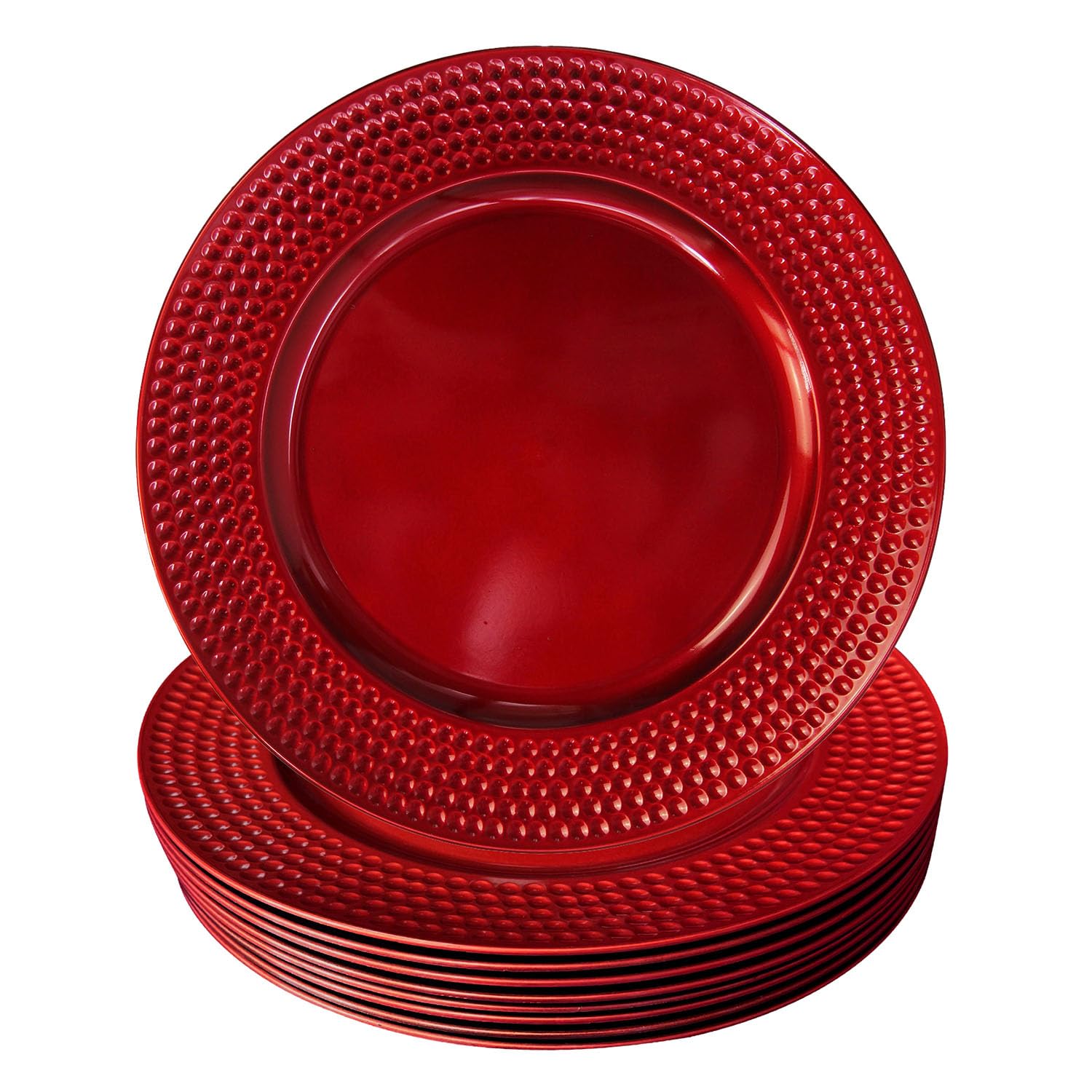 WELMATCH 12-Piece 13 Inch Round Red Plastic Hammer Edge Charger Plates - Elegant Wedding & Party Dinnerware for Table Decorations - Perfect for Bridal Showers, Banquets, and Special Events