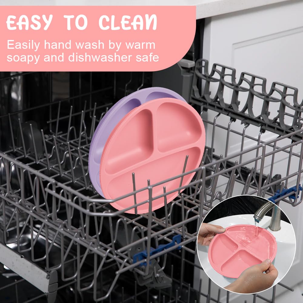 Vicloon 2-Pack Silicone Toddler Plates with Lids - BPA Free, Microwave & Dishwasher Safe Suction Plates for Babies - Divided Section Design for Easy Feeding - Perfect for Home, Travel & Daycare Use
