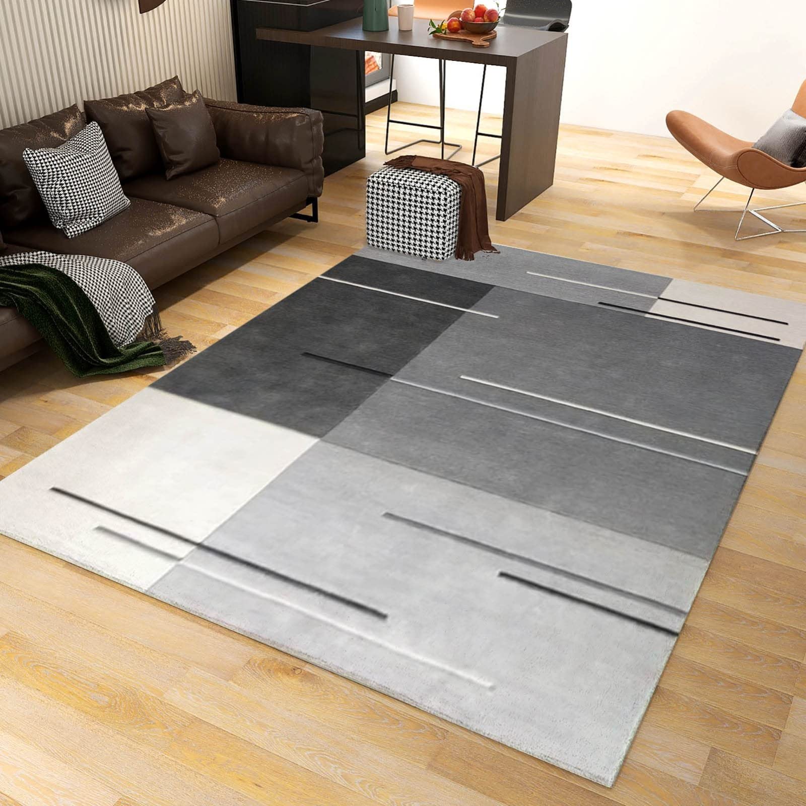 Modern Geometric Area Rug - Minimalist Grey Block Design Non-Slip Floor Carpet for Living Room, Bedroom & Home Decor (5'3