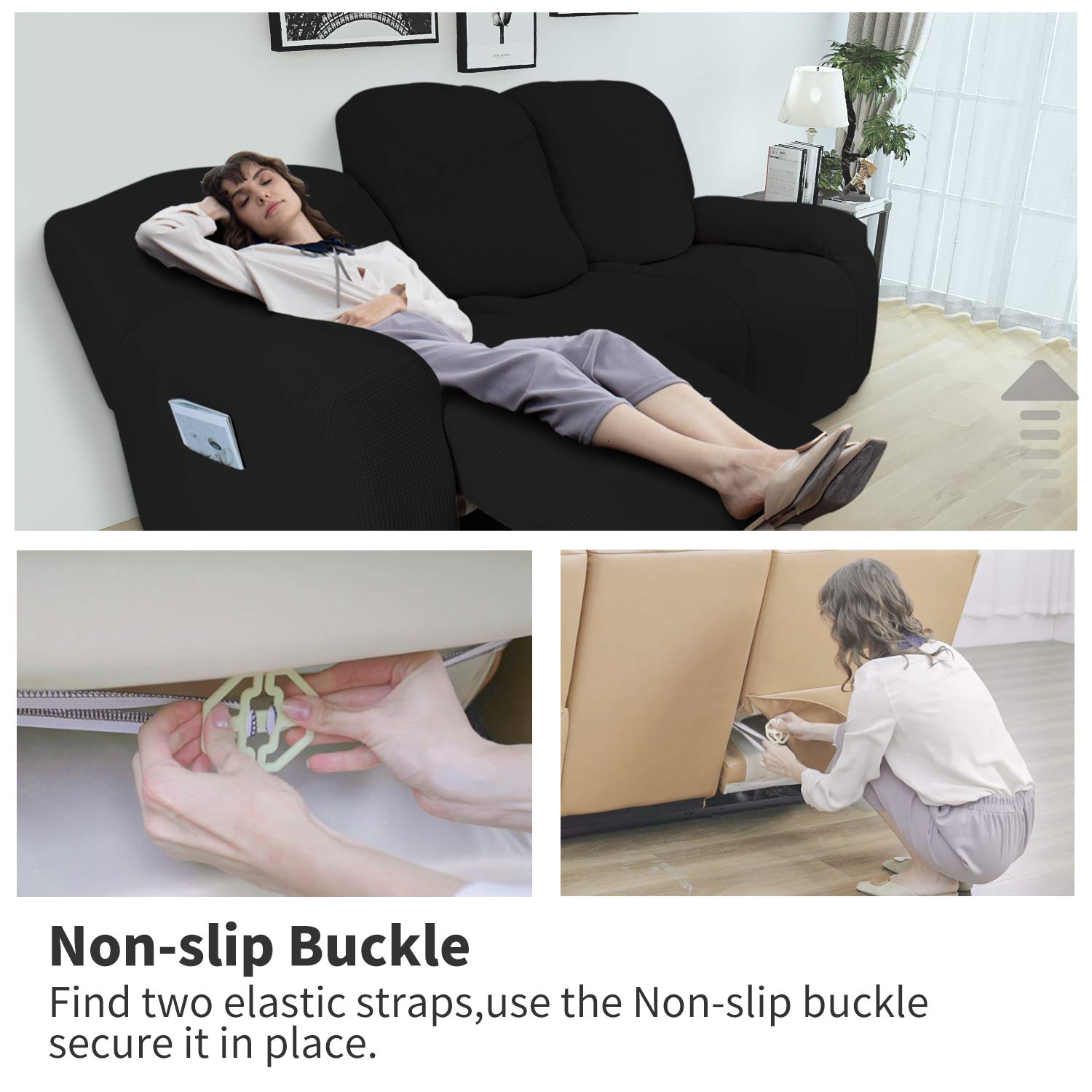 8-Piece Stretch Recliner Sofa Slipcover Set - Spandex Jacquard Fabric with Elastic Bottom - Soft Furniture Protector for Couches (Black Small Checks) - Perfect for Pets, Kids & Everyday Use