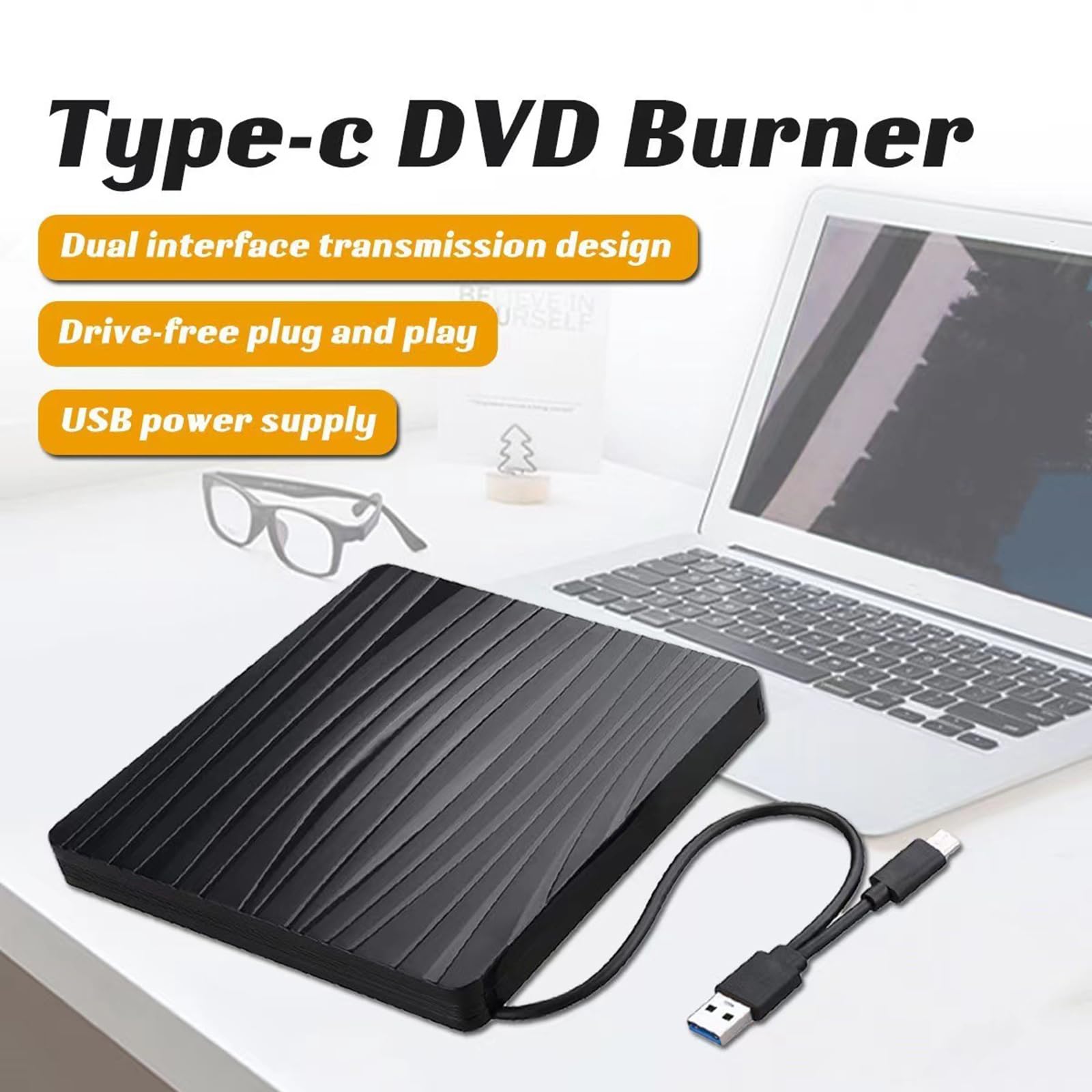 External DVD Drive USB 3.0 & USB-C Portable CD/DVD Burner Player Writer for Laptop & Desktop PC - Perfect for Watching Movies, Burning Discs & Data Backup