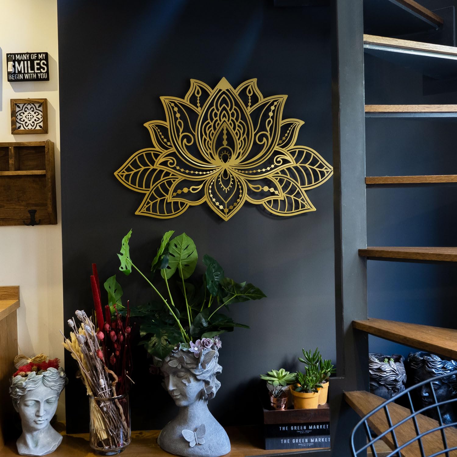 3D Metal Lotus Wall Art - Zen Decor for Yoga & Meditation Rooms (Gold, 36x22