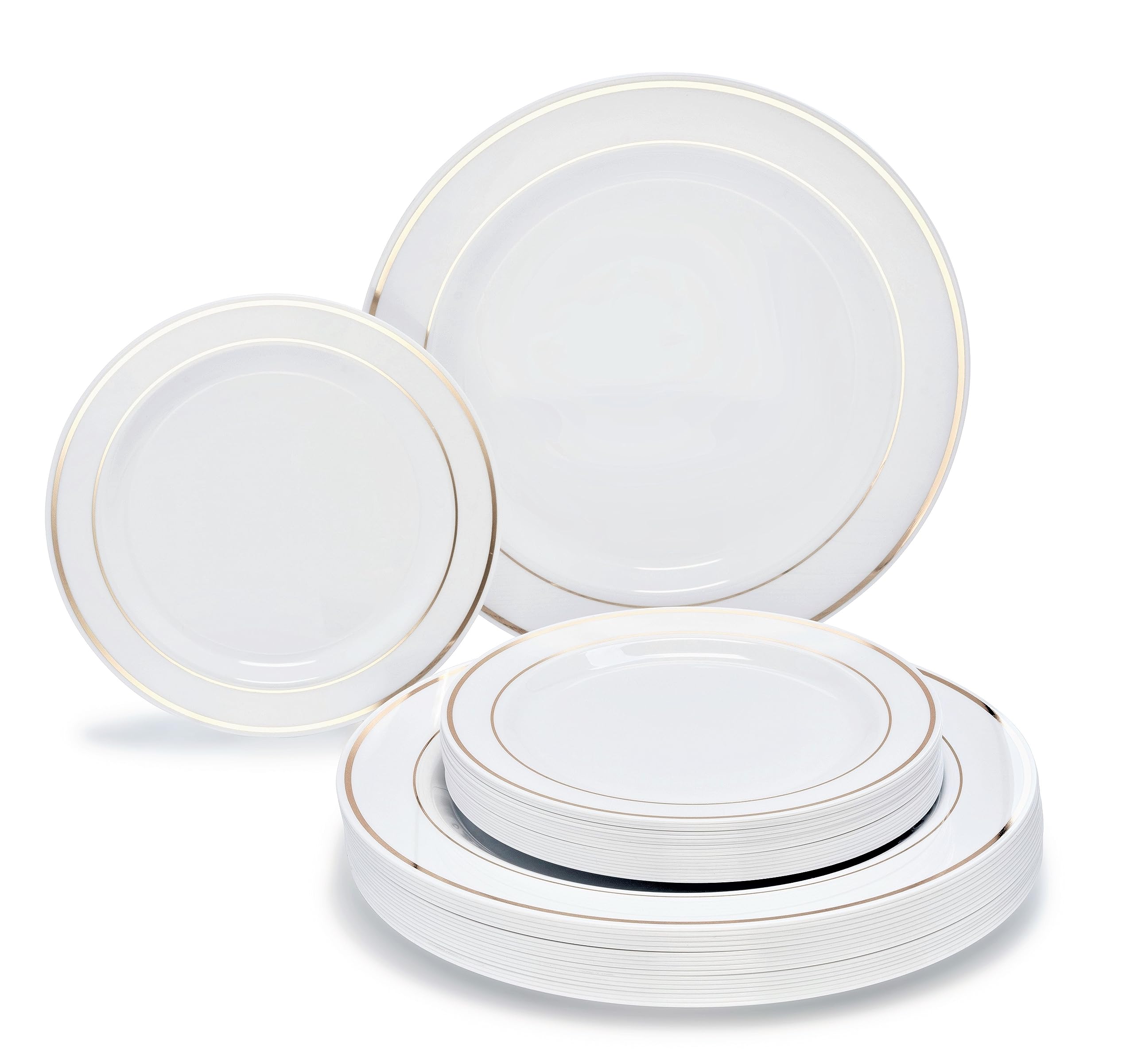 240-Piece Premium Disposable Plastic Plates Set for Weddings & Parties - 120 x 10.5'' Dinner Plates + 120 x 7.5'' Salad/Dessert Plates (White & Gold Rim) - Heavyweight, Elegant Tableware for Large Gatherings, Catering & Special Events