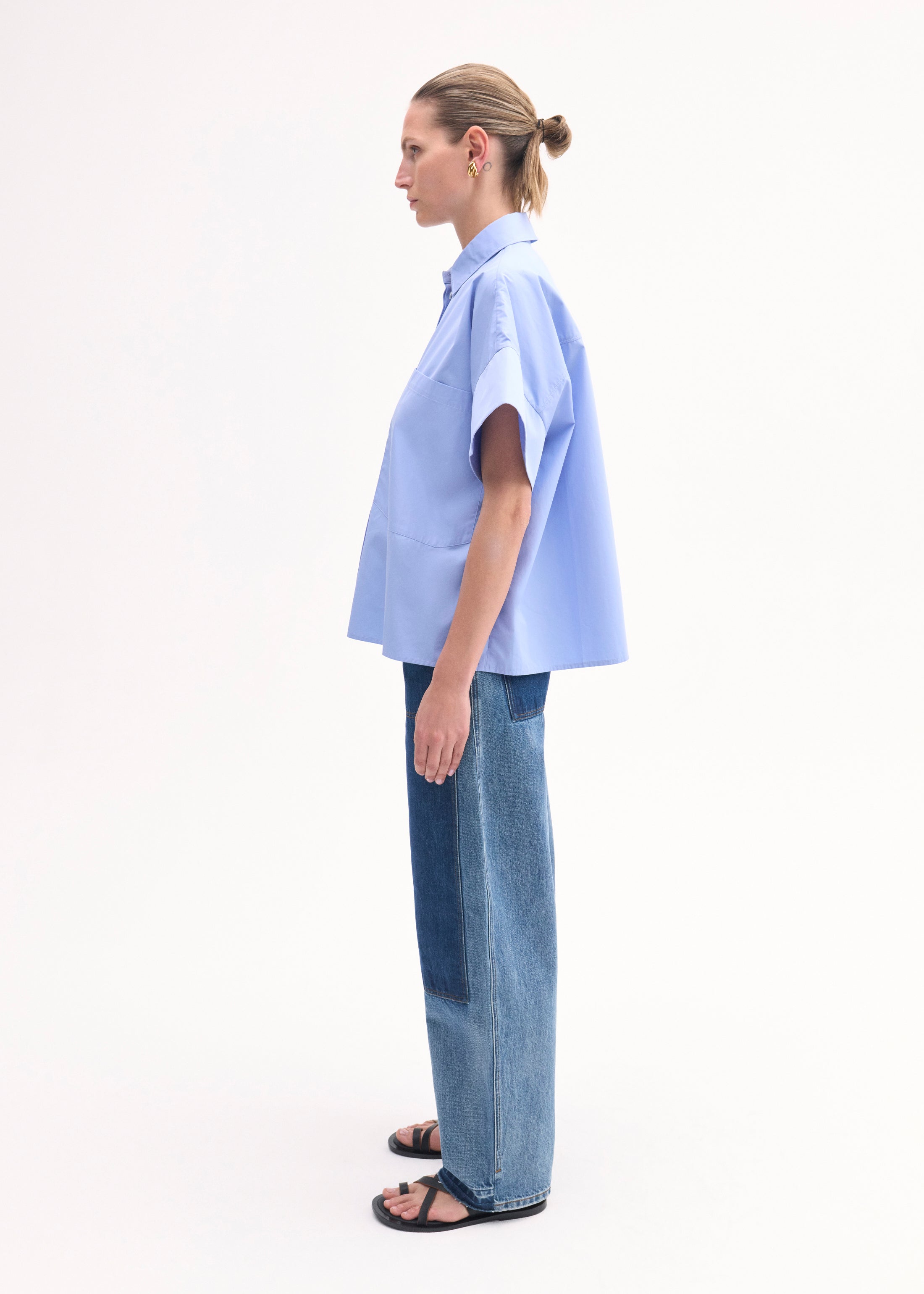 Stylish Boxy Short Sleeve Cotton Poplin Shirt in Blue | Casual Summer Outfit Essential for Women