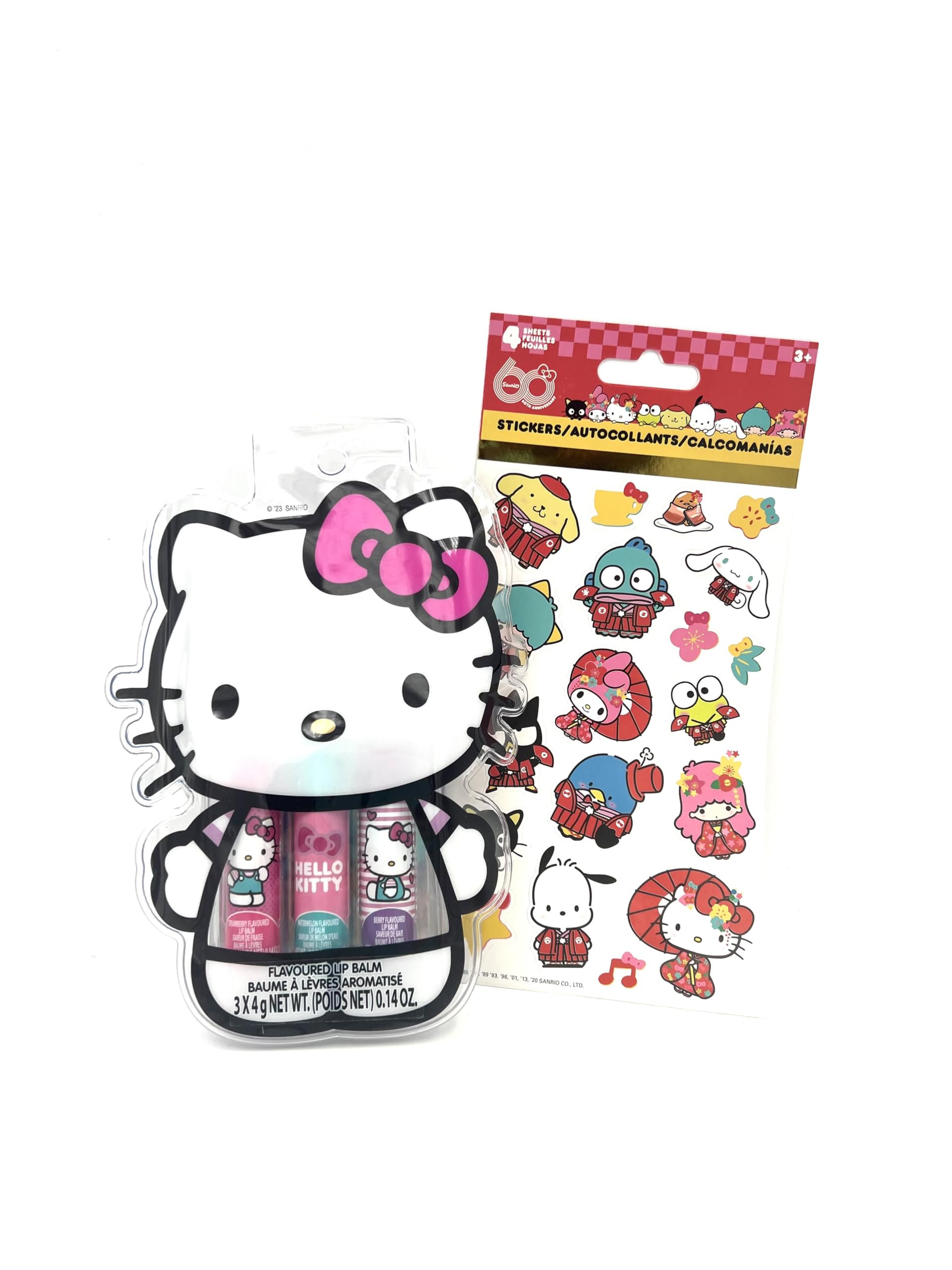 Hello Kitty Lip Balm 3-Pack Set with 4 Sticker Sheets - Strawberry, Watermelon & Berry Flavored Moisturizing Lip Balm for Kids - Includes Travel Case - Perfect for School, Travel & Daily Lip Care