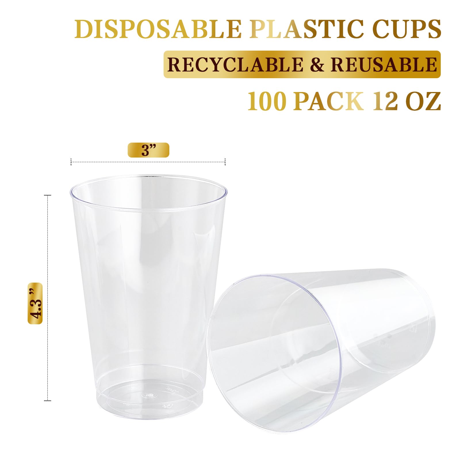 FOCUSLINE 200 Pack 12 oz Clear Plastic Cups - Disposable & Reusable Heavy Duty Tumblers for Parties, Thanksgiving, Halloween, Christmas - Perfect for Beverages, Cocktails, and Outdoor Events
