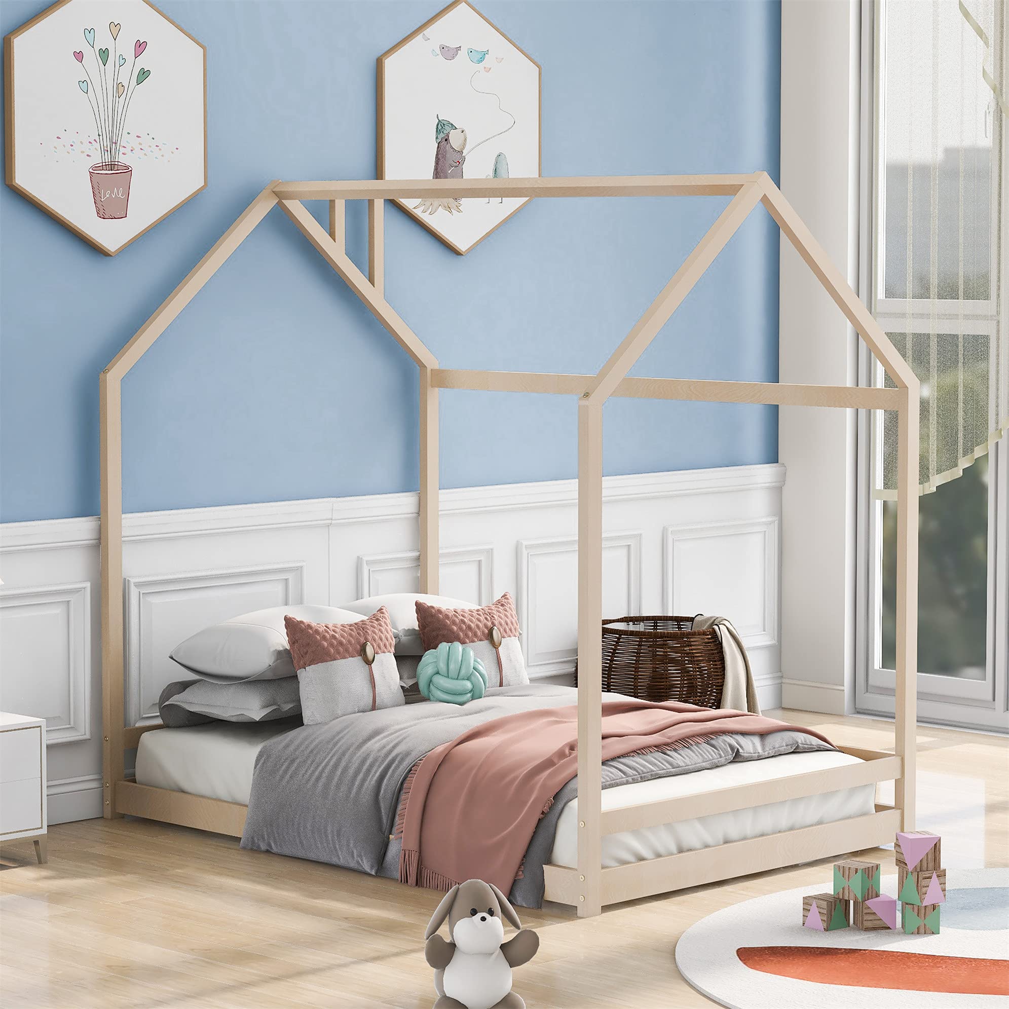 **Natural Wood Toddler Floor Bed with Roof - Full House Bed Frame for Kids, Boys, Girls & Teens - No Box Spring Needed - Perfect for Montessori Bedrooms, Playrooms & Cozy Sleep Spaces**