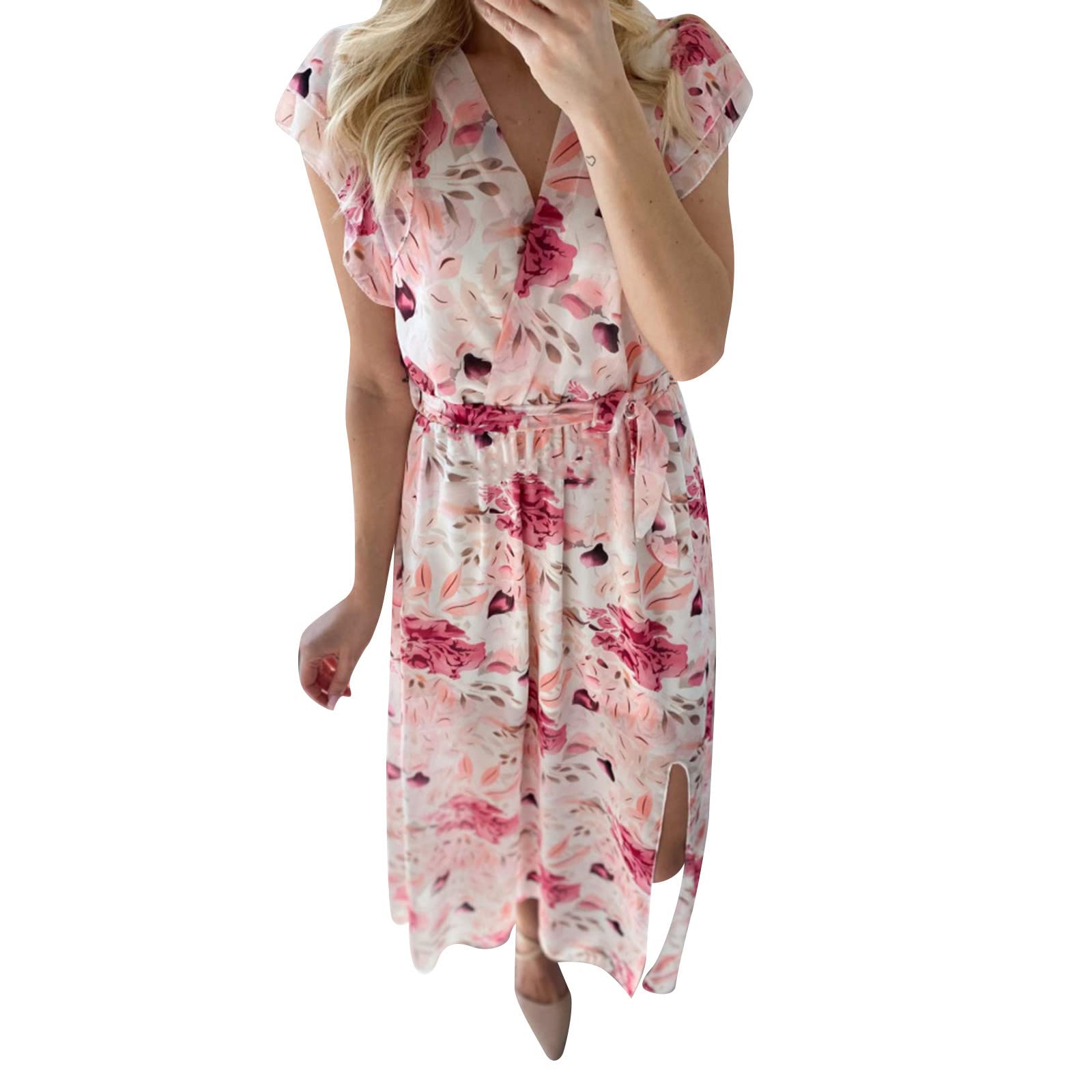 Women's Floral Printed Chiffon Sun Dress with Flutter Sleeves & Lace Straps - Elegant Casual & Evening Wear for Summer, Beach, Party, and Vacation