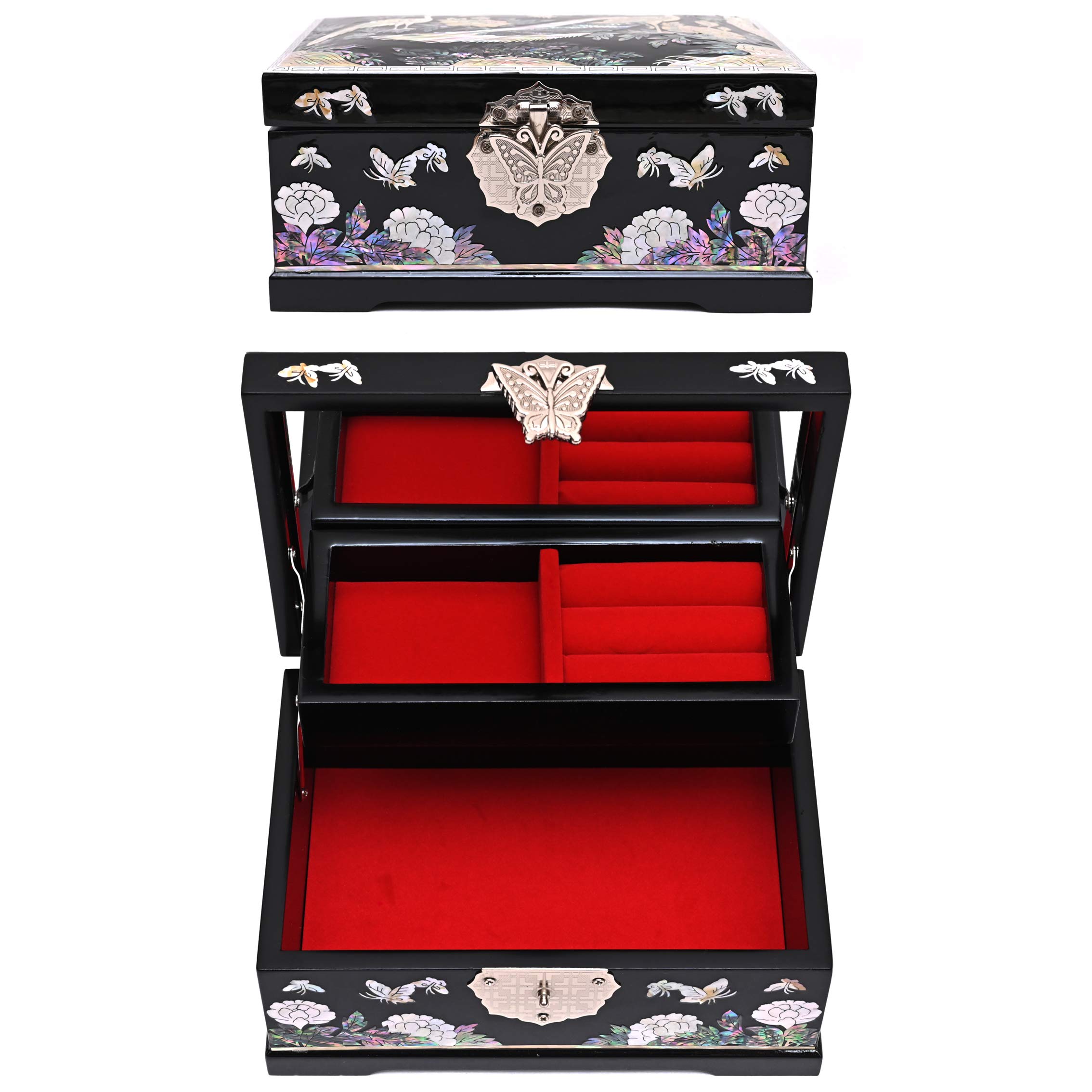 Elegant MADDesign Mother of Pearl Jewelry Box with Mirror Lid - 2-Tier Peacock Design in Black | Perfect for Ring & Earring Storage, Vanity Organizer & Gift for Women