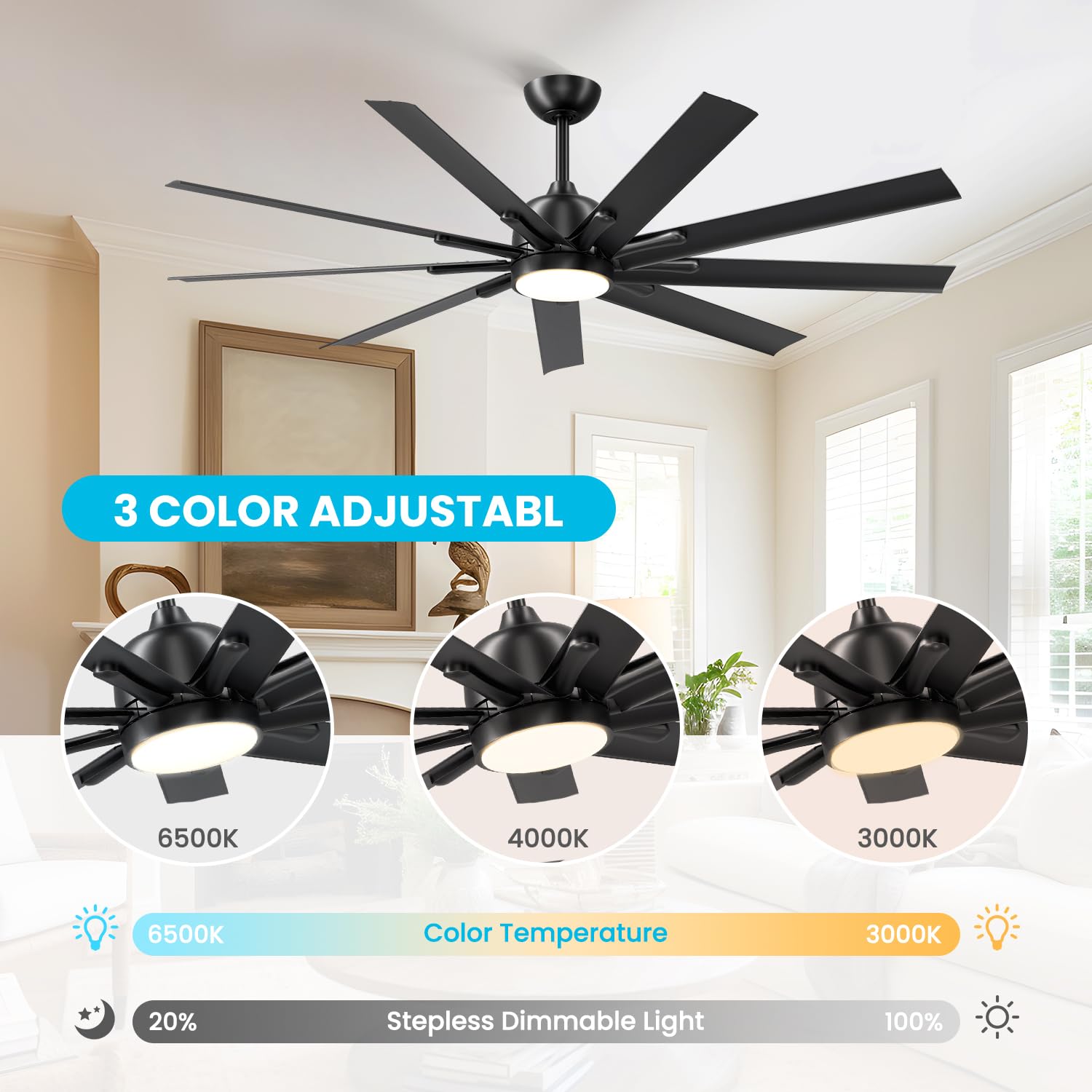 62 Inch Black Outdoor Ceiling Fan with Lights & Remote Control - 9 Blade Reversible DC Motor, Dimmable LED Light - Perfect for Bedrooms, Patios & Covered Porches