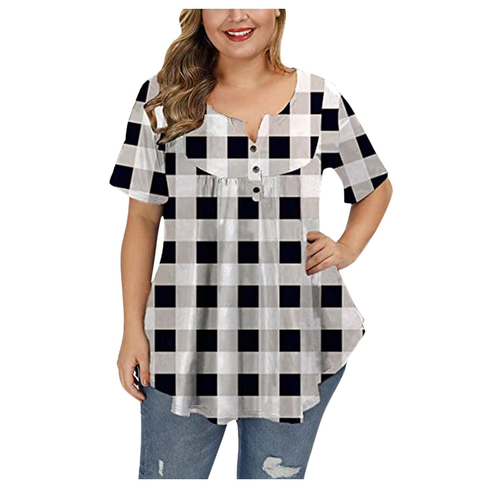 Plus Size Floral Blouses for Women - V Neck Henley Button Up Plaid Print Tunic Tops with Ruffles & Flowy Short Sleeves | Casual Summer Outfits, Office Wear & Date Night Tops